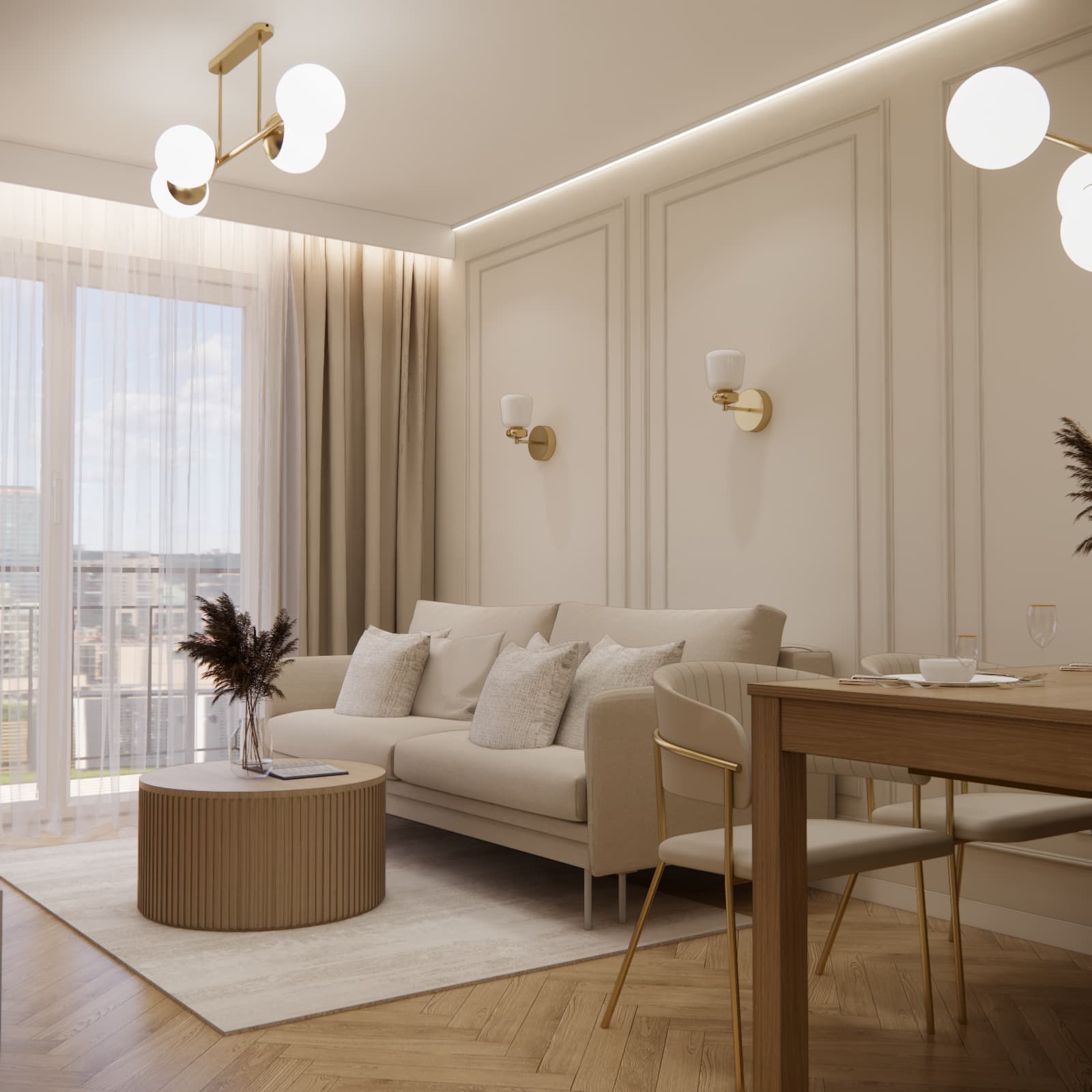 41 m² apartment interior design in Łasin – bright living room with open-plan kitchen and dining area