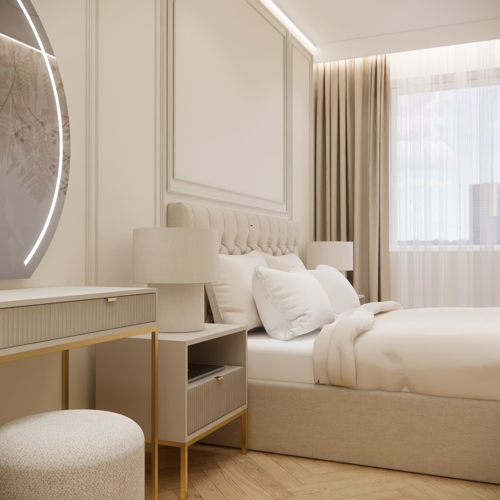 Bedroom with dressing table, illuminated mirror and upholstered bed