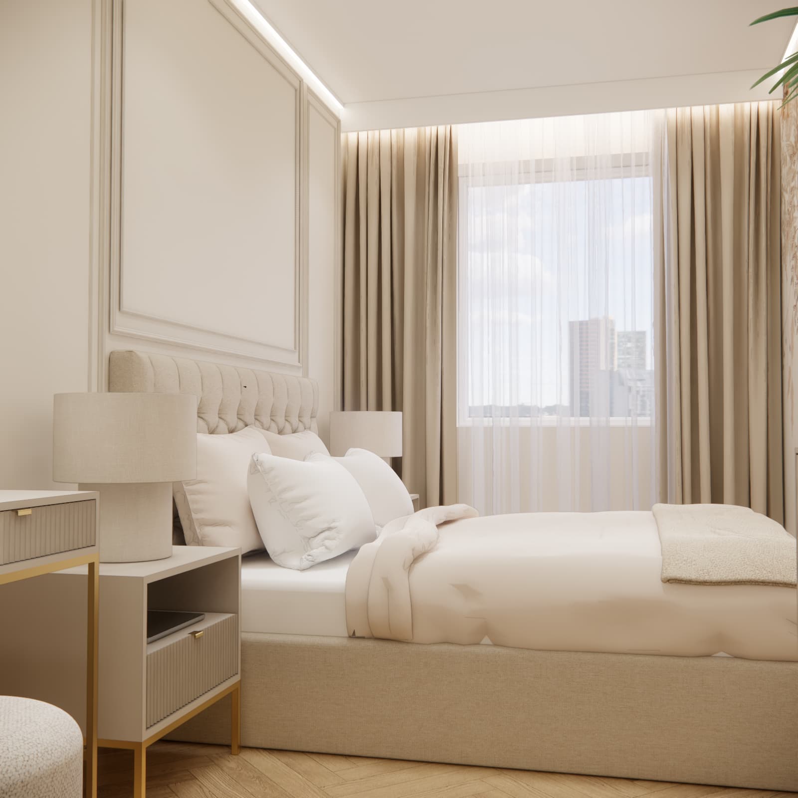 Beige bedroom with upholstered bed in a 41 m² apartment
