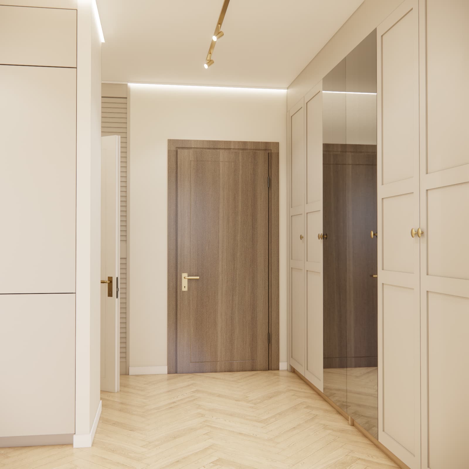 Bright hallway design with custom-built storage and mirrors