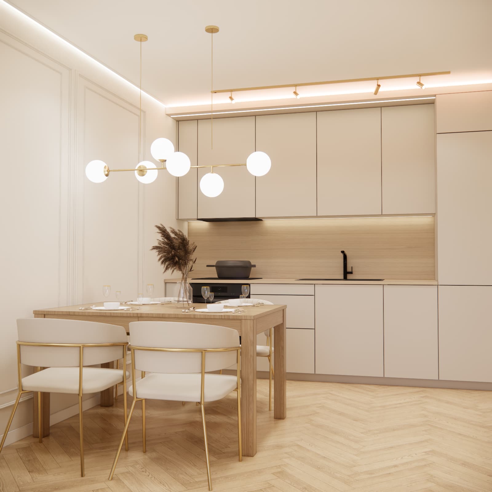 Bright kitchen with dining area in a 41 m² apartment interior design