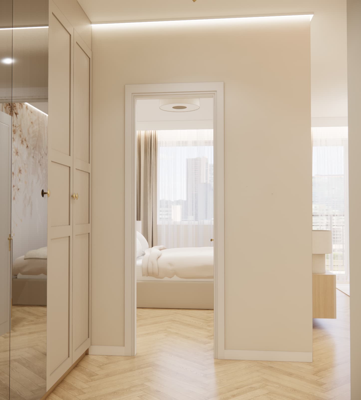 Hallway in a 41 m² apartment leading from the entrance area to the bedroom