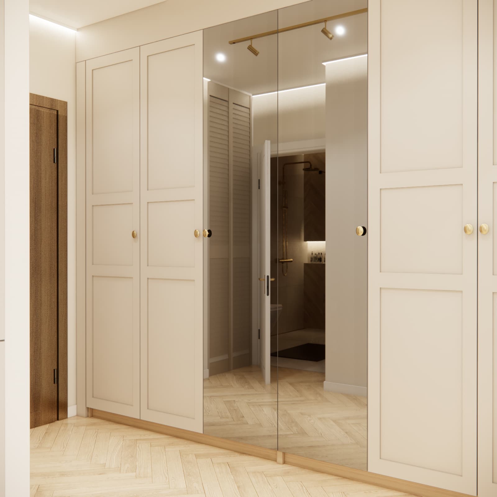 Hallway wardrobe with panelled fronts and large mirrors