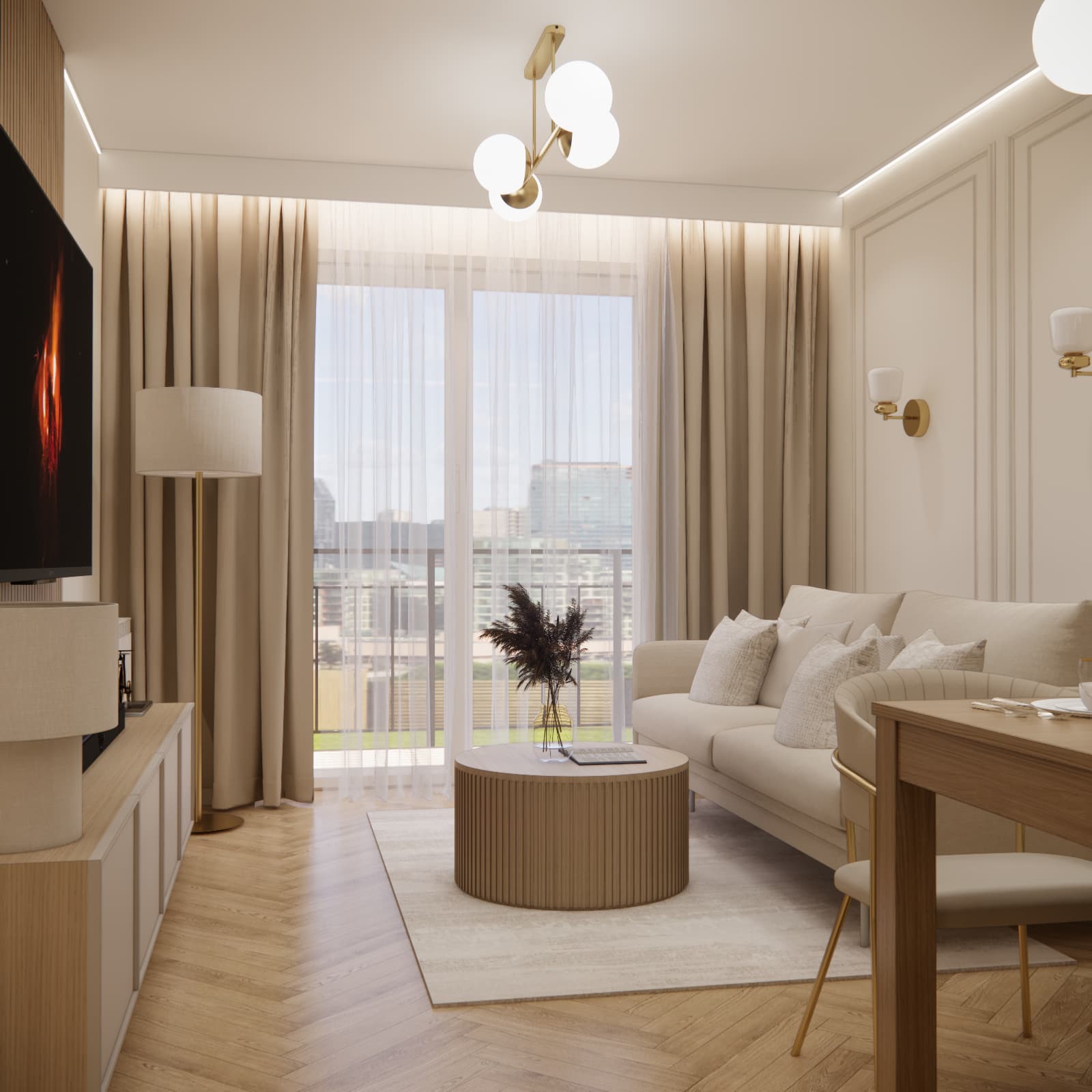 Living room design in a 41 m² apartment – sofa, coffee table and TV area