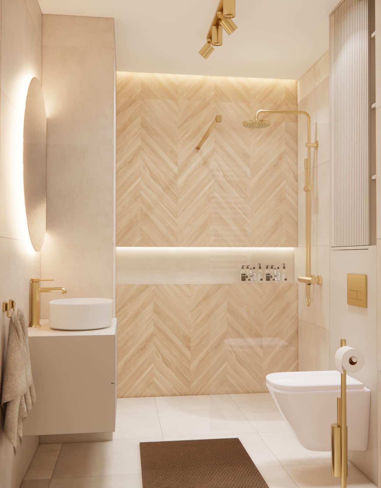 Small bathroom design with walk-in shower and gold fittings