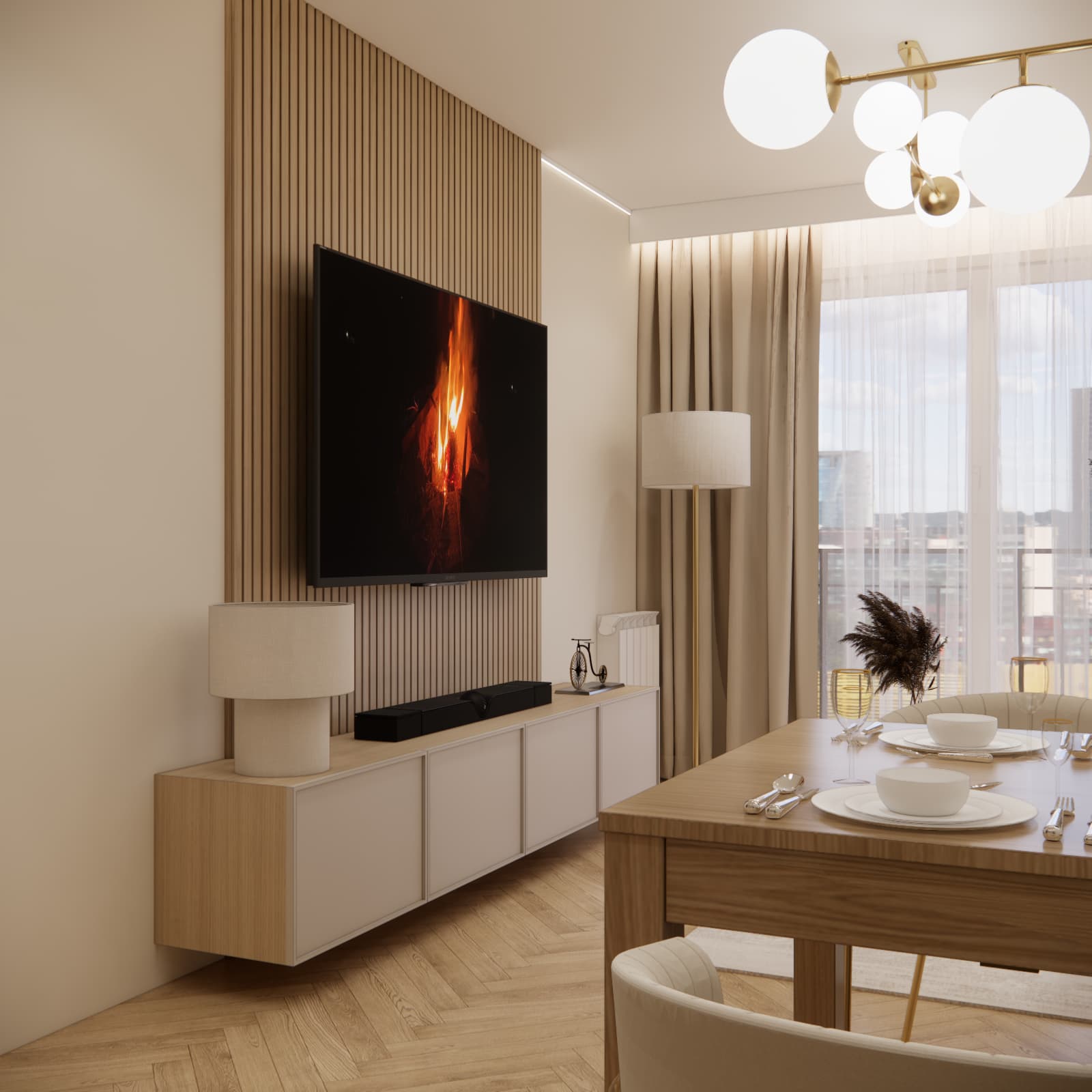 TV wall with wooden slats in the living room of a 41 m² apartment