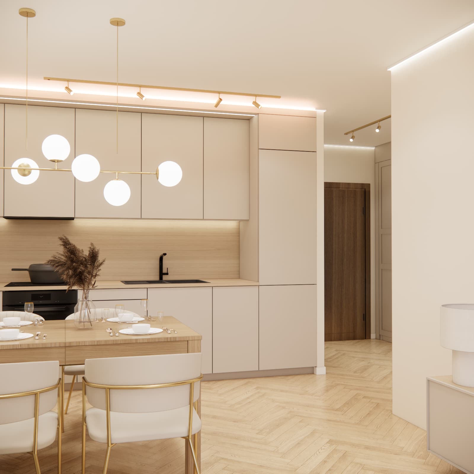 Projekt kuchni w mieszkaniu 41 m² – jasne fronty, drewniany blat i czarna armatura