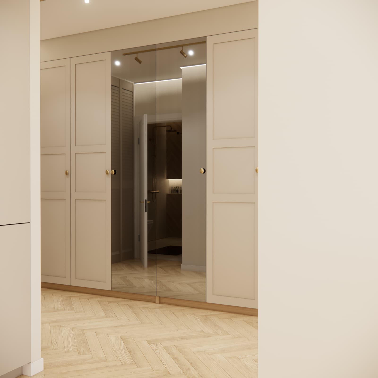 Przedpokój z dużą zabudową i lustrzanymi frontami w mieszkaniu 41 m²