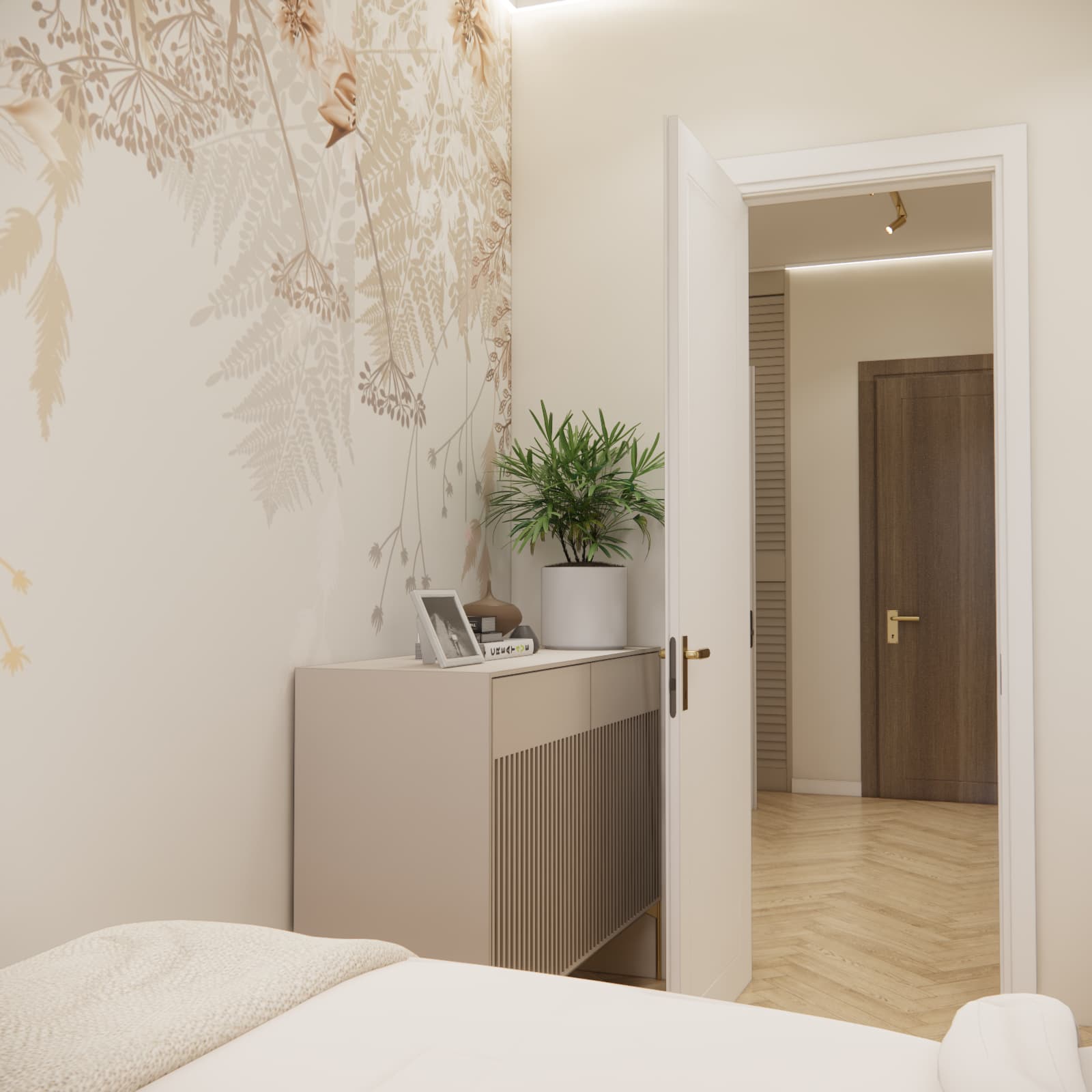 Sypialnia z roślinną tapetą, zabudową i jasną kolorystyką