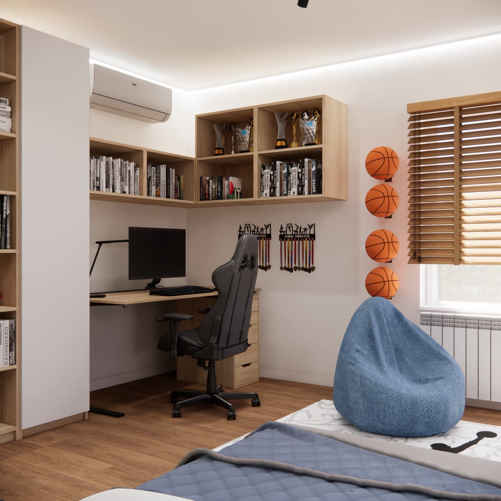Shared bedroom for brothers with a desk, shelving, medal display and basketball decorations
