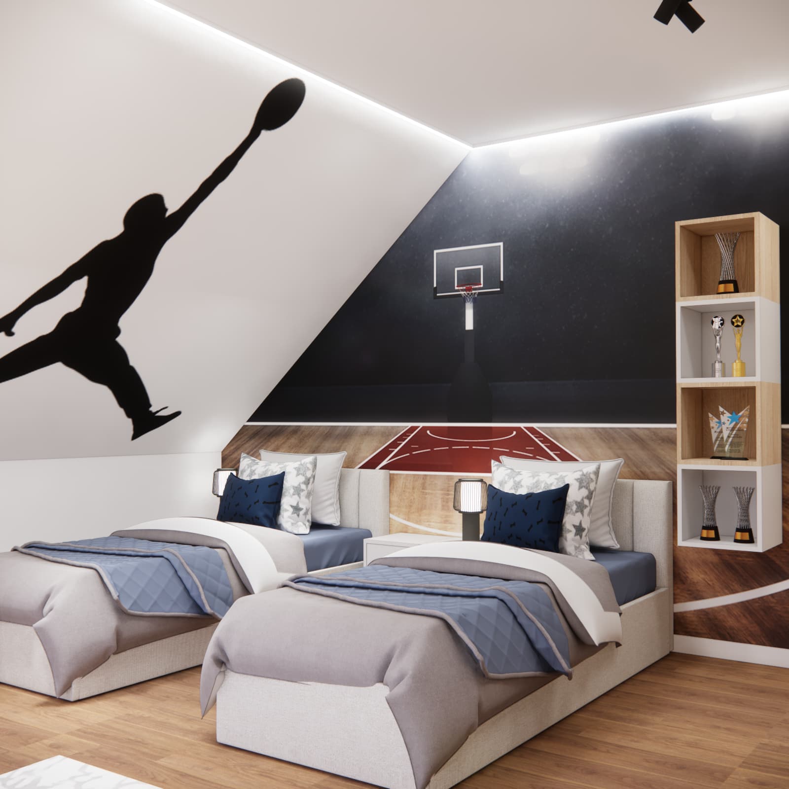 Twin boys' bedroom with a basketball court wall graphic and two separate beds