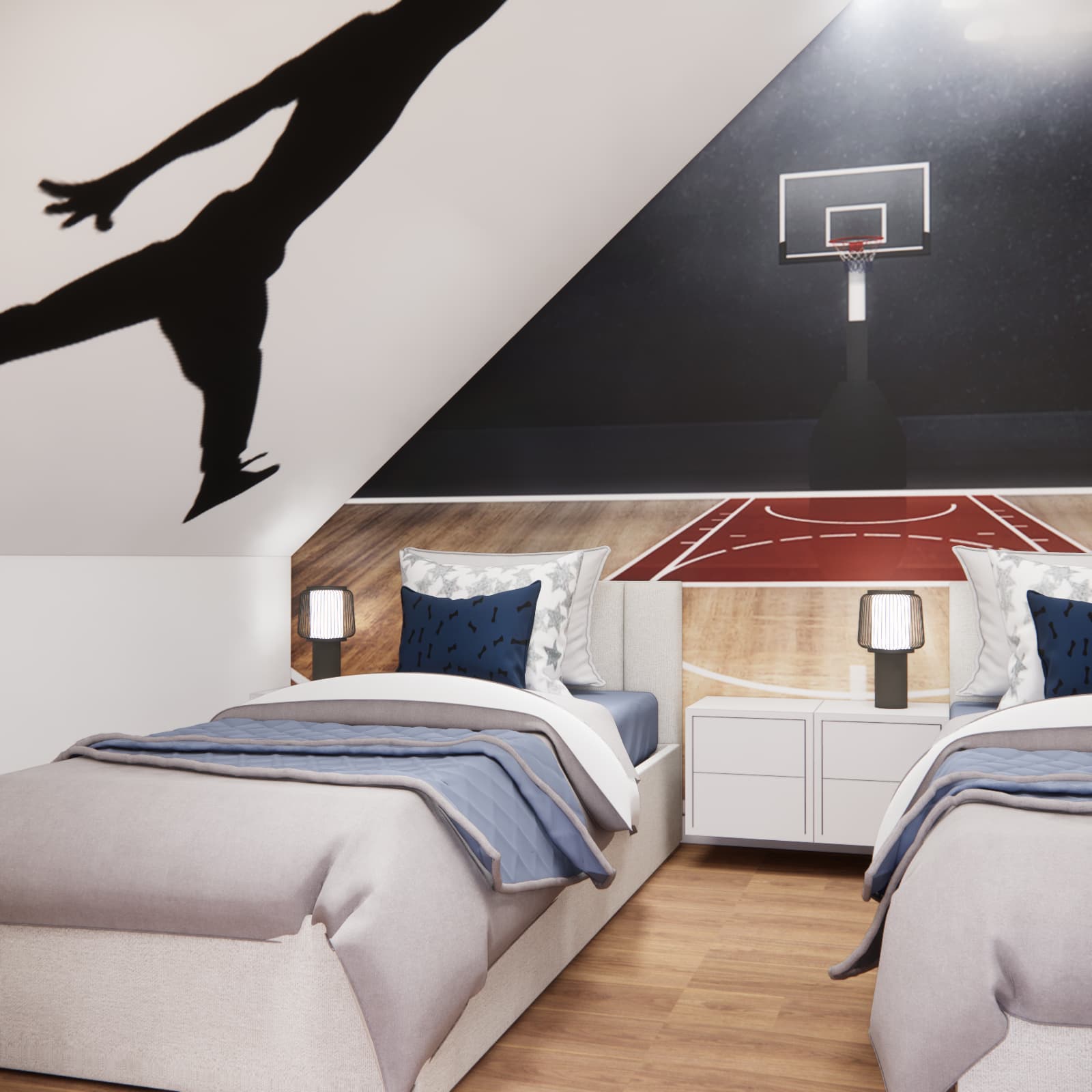 Two separate beds in a twin boys' bedroom with a bedside table and basketball court wall graphic