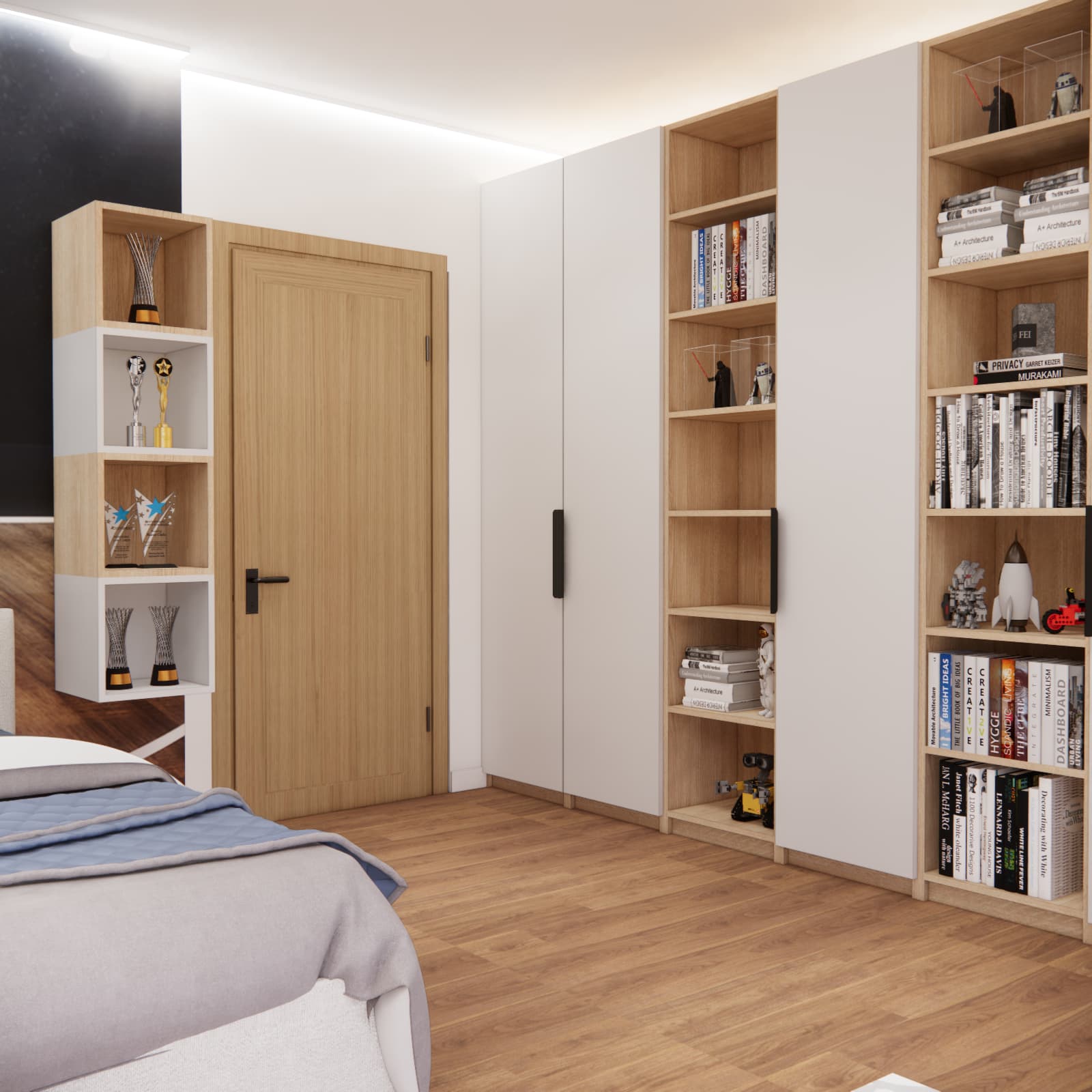 Wardrobes and shelving for books and collections in a bedroom for twin boys
