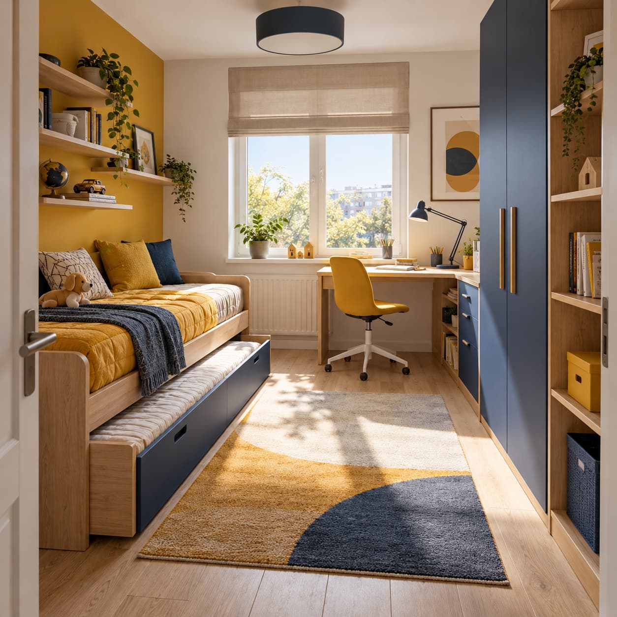 Funkcjonalny pokój dziecka 9–10 m² z łóżkiem wysuwanym, biurkiem i szafą.