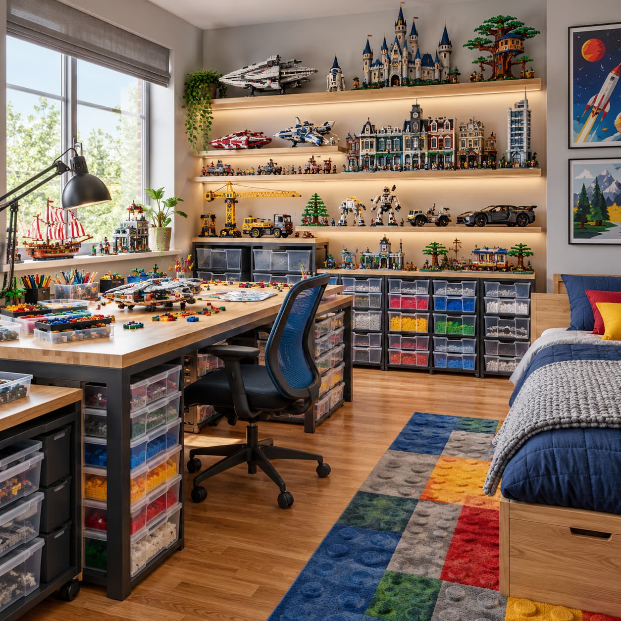 Pokój chłopca zainteresowanego klockami LEGO z dużym blatem do budowania modeli i regałem na kolekcje.