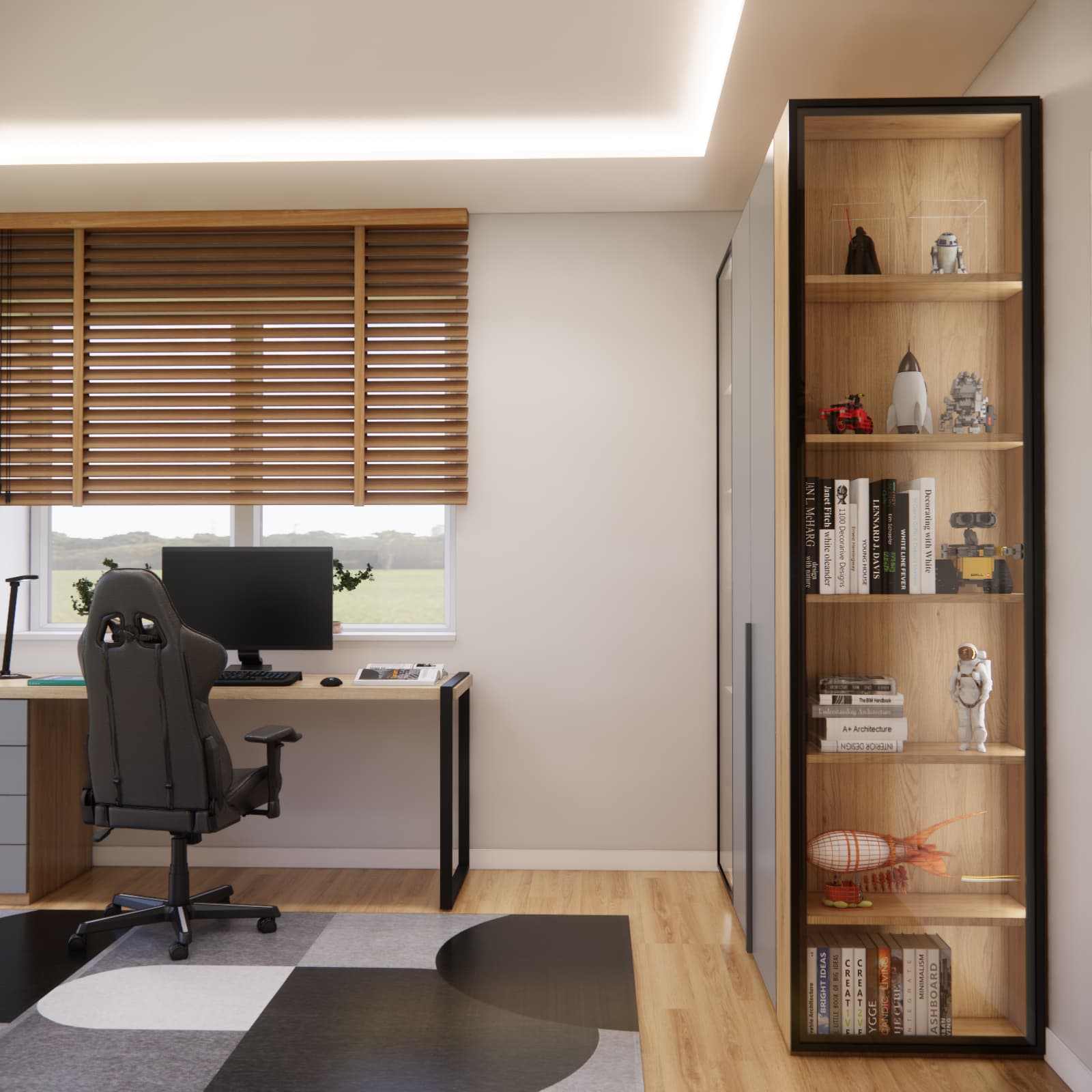 Built-in wardrobe with illuminated shelving in a teenager's room