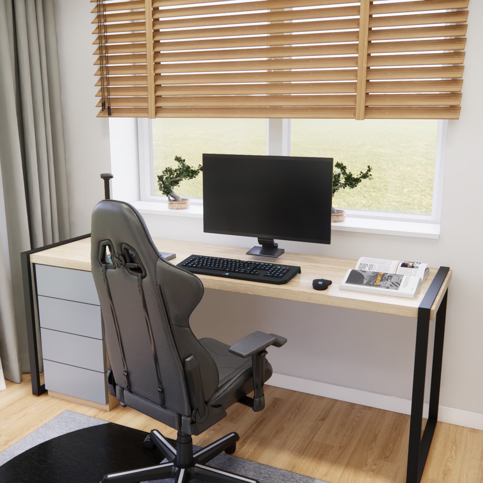 Large desk by the window in a 14-year-old boy's room