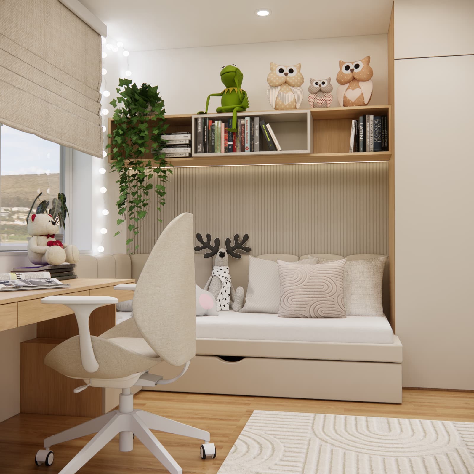 12 m2 girl’s room with a bed, shelving and built-in wardrobe