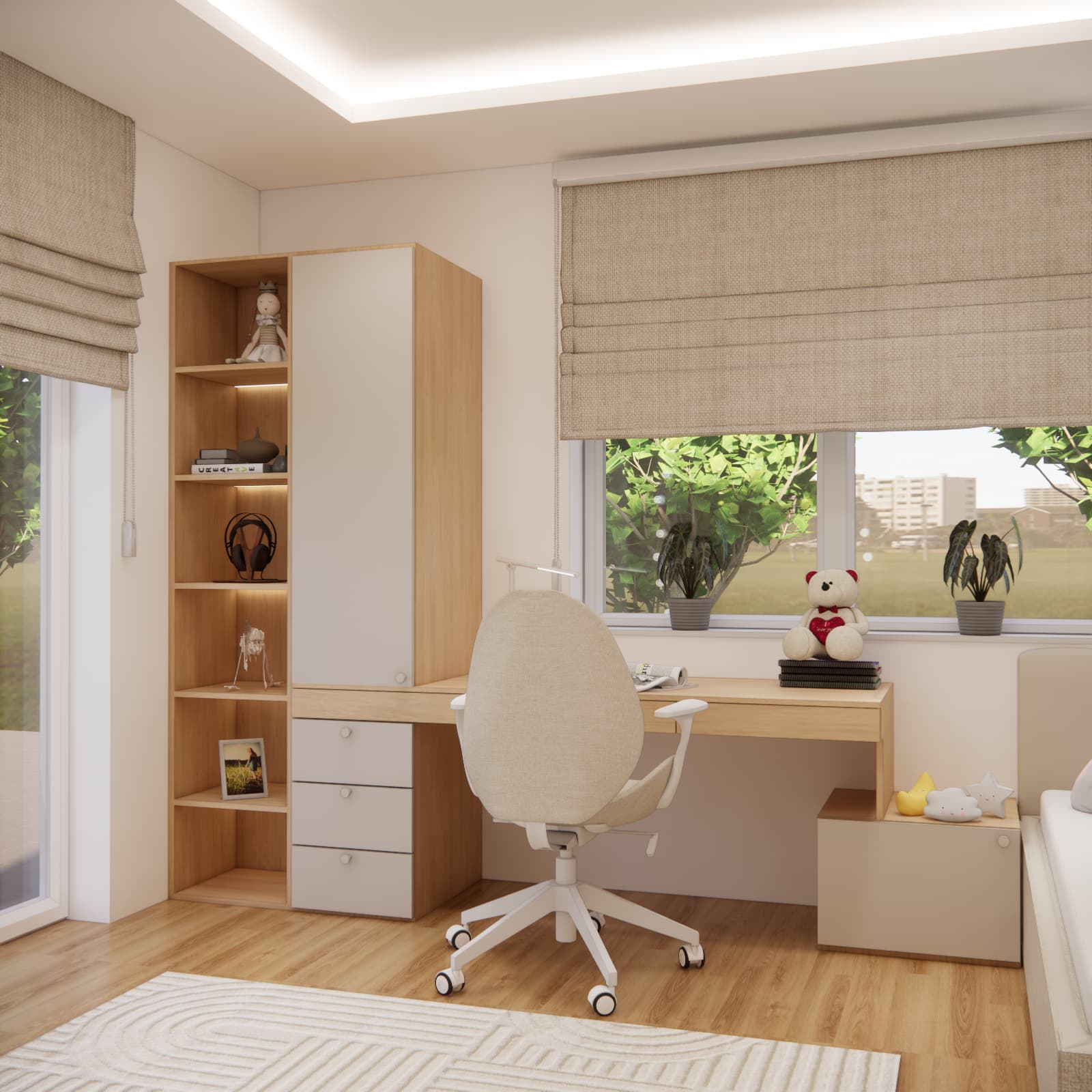 Bright 11-year-old girl’s room with a large desk and custom-made furniture