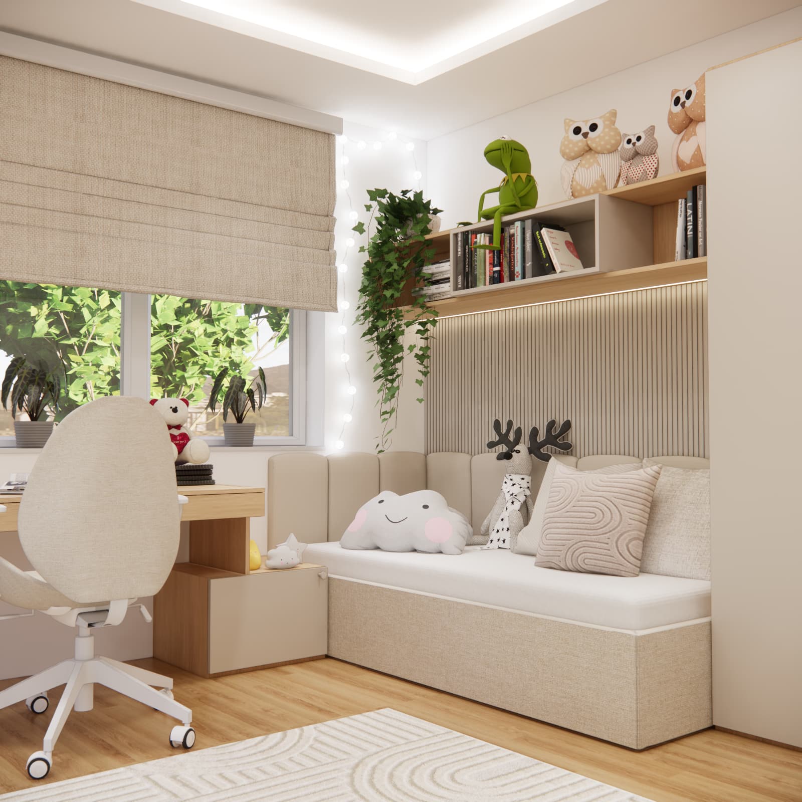 Bright room for an 11-year-old girl with a bed, decorative slats and bookshelves