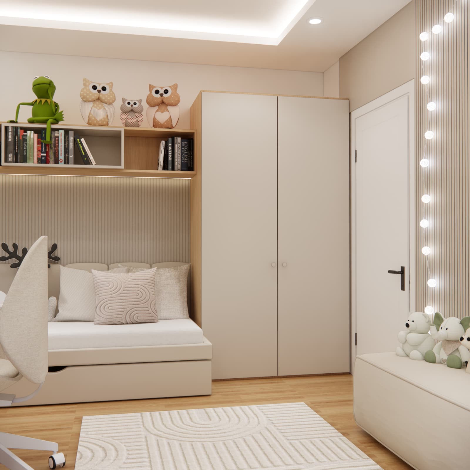 Built-in wardrobe in a small room for an 11-year-old girl – light fronts and wood