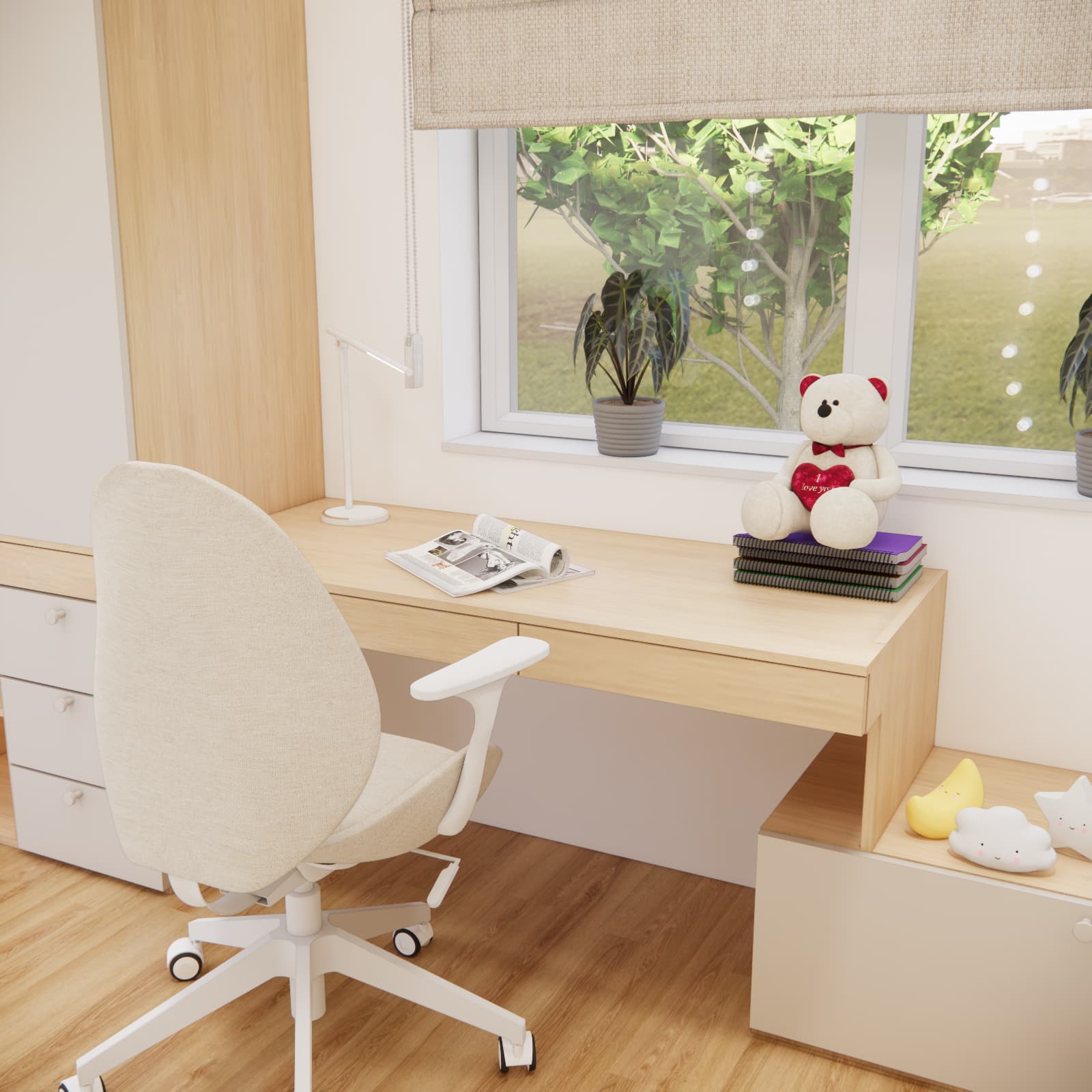 Comfortable study area in an 11-year-old girl’s room with a desk by the window