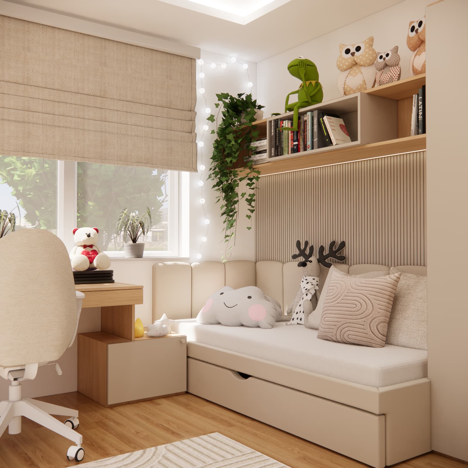 Cosy bed in an 11-year-old girl’s room with decorative slats and built-in shelving above
