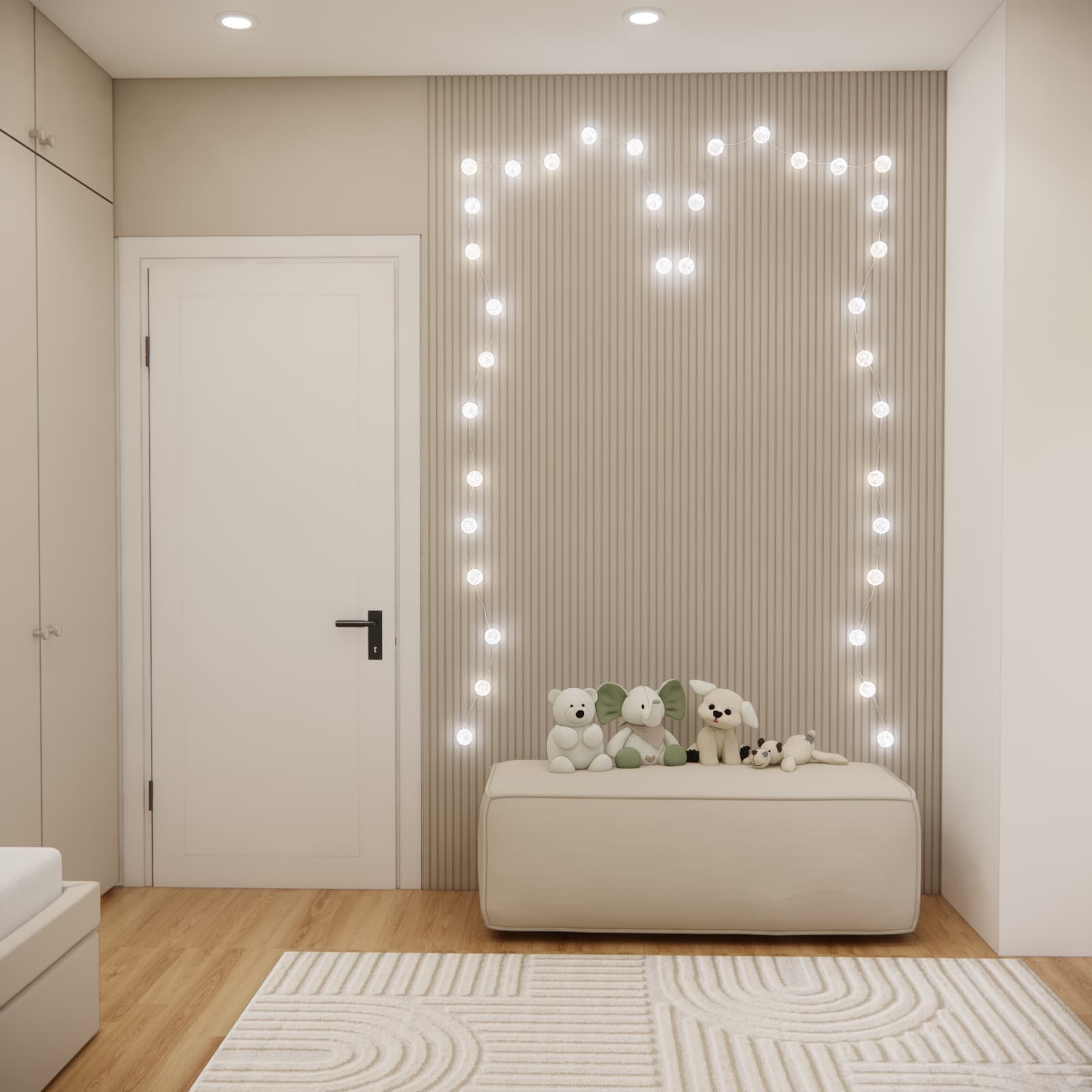 Decorative slatted wall with lighting in a girl’s room