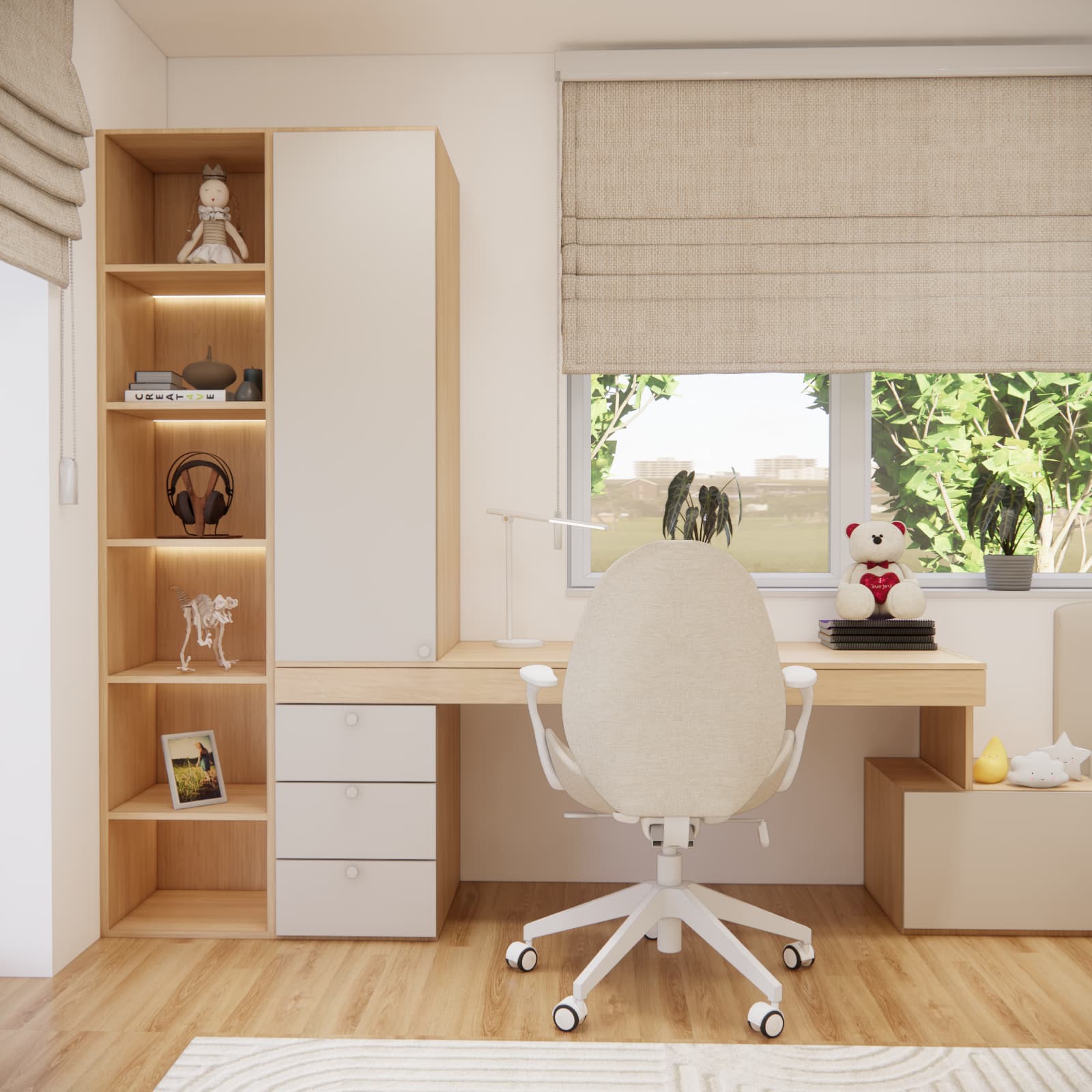Desk under the window in a girl’s room with drawers and shelving for books