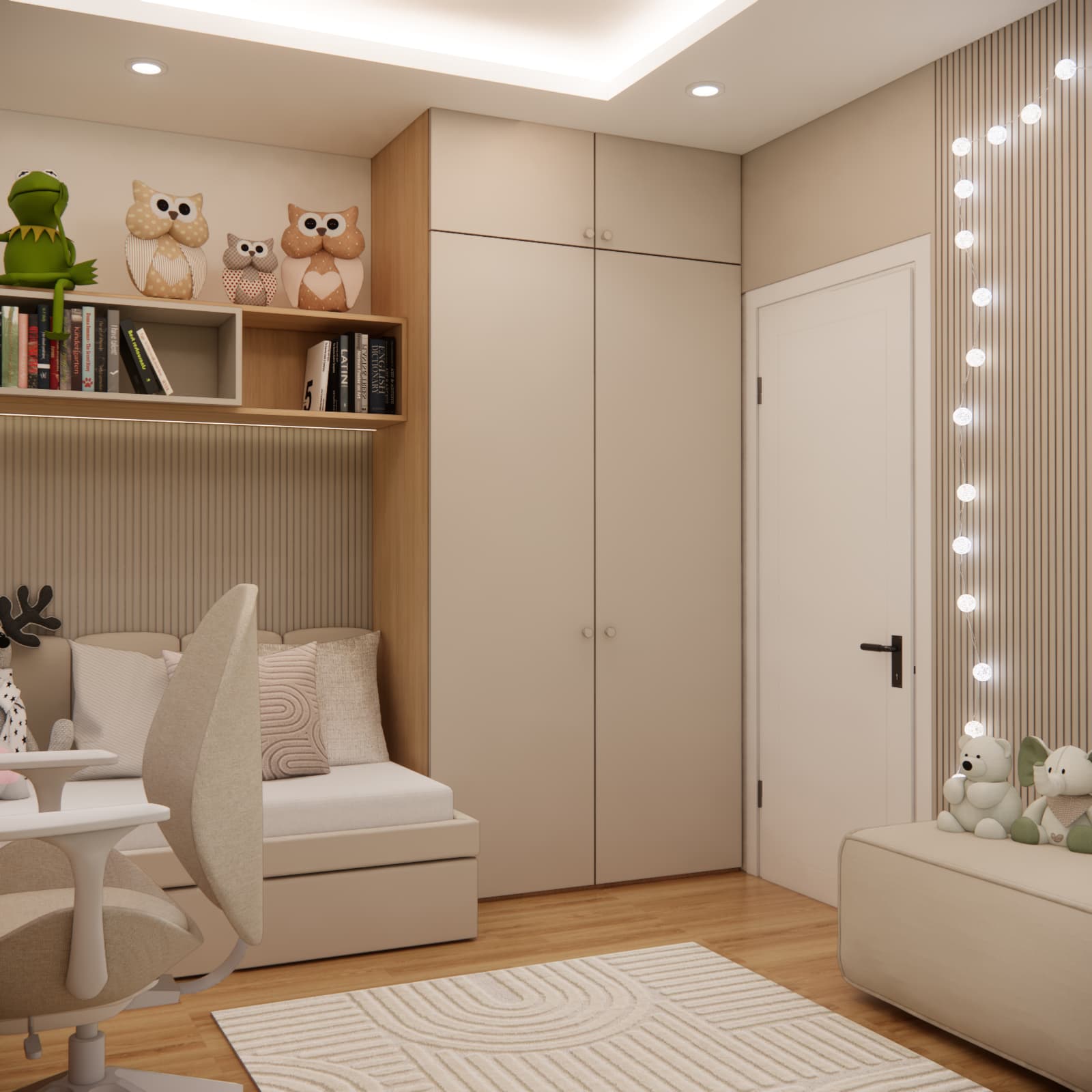 Floor-to-ceiling wardrobe in an 11-year-old girl’s room for additional storage