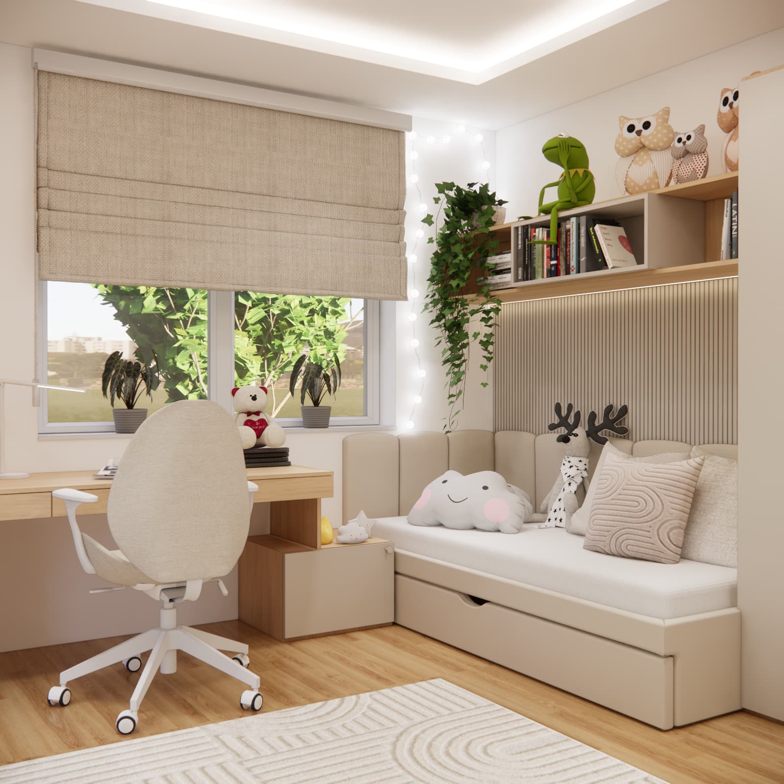 Room design for an 11-year-old girl – 12.17 m2 with beige tones, wood and decorative slats