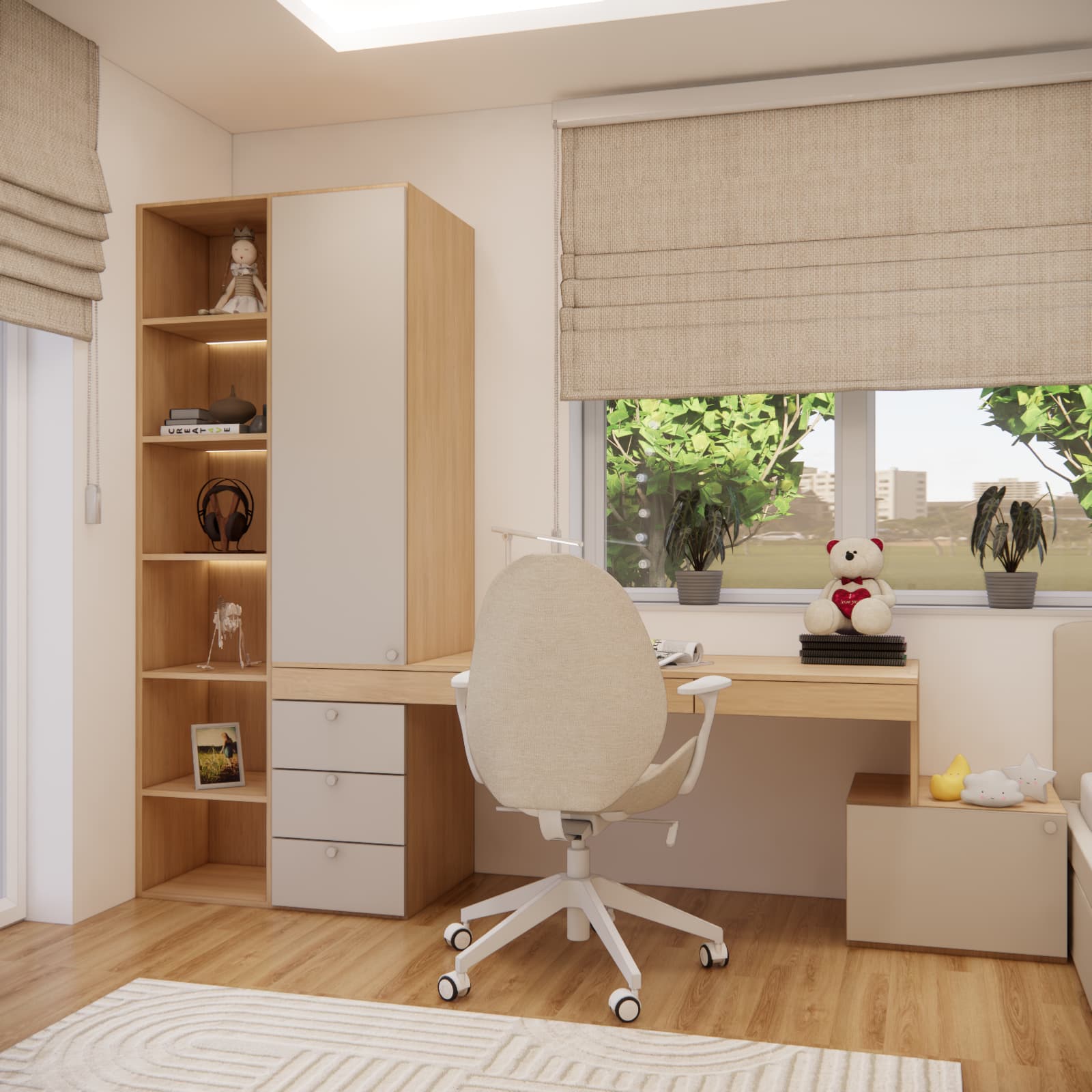 Study area in a girl’s room with a large desk by the window and shelving unit