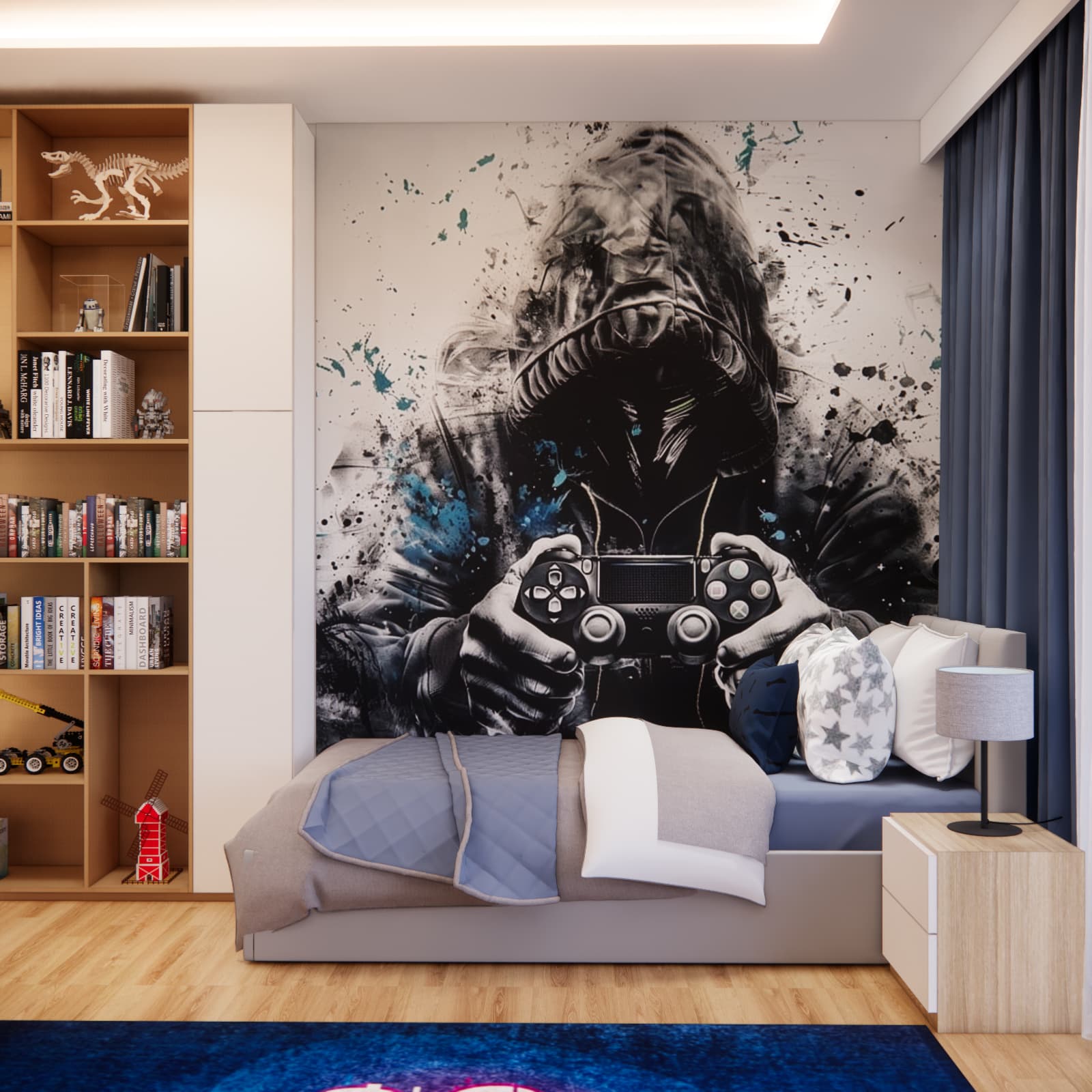 Gaming-inspired teenage room in white, wood and navy blue with a comfortable sleeping area