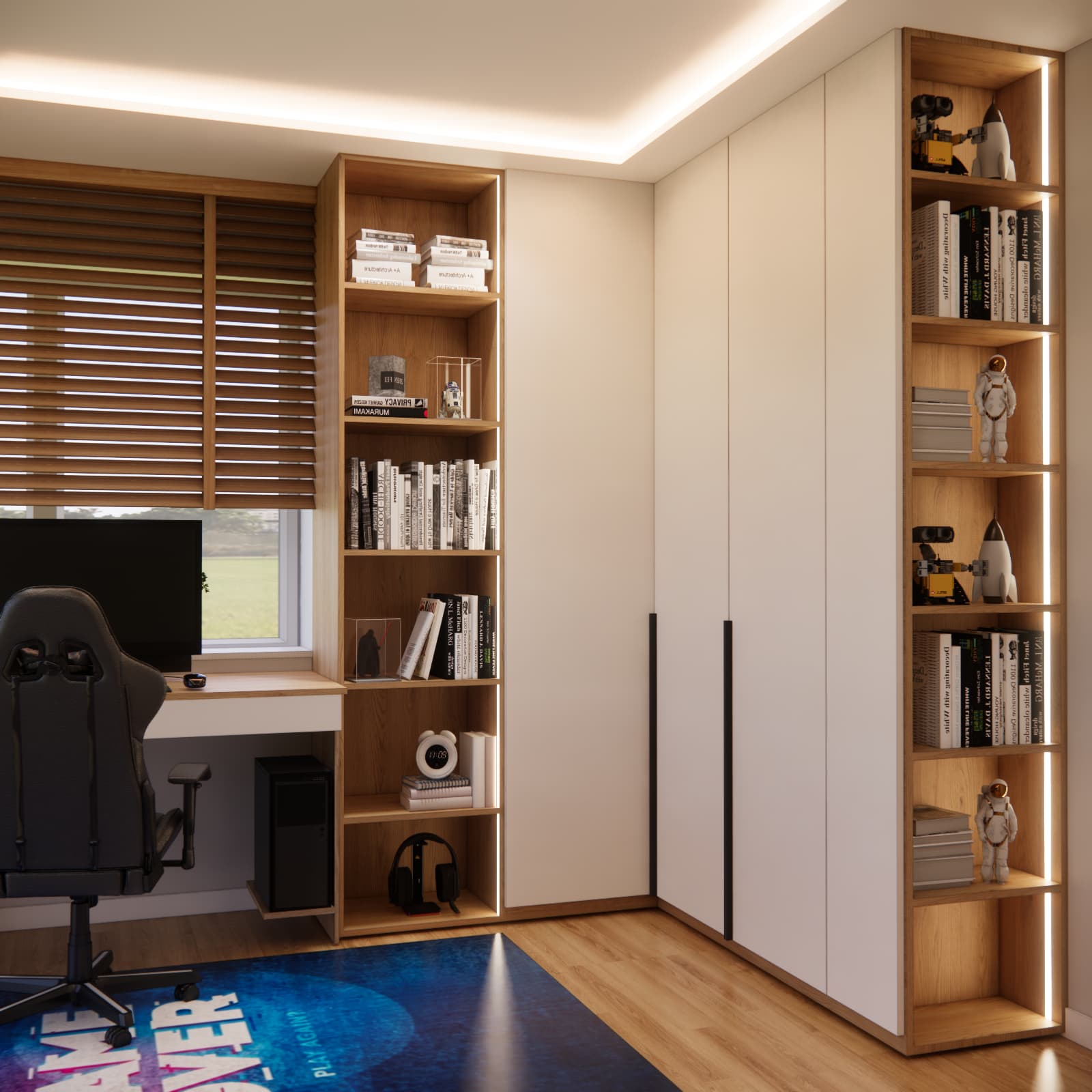Pokój młodzieżowy 14,26 m² z dużą szafą i regałami na książki