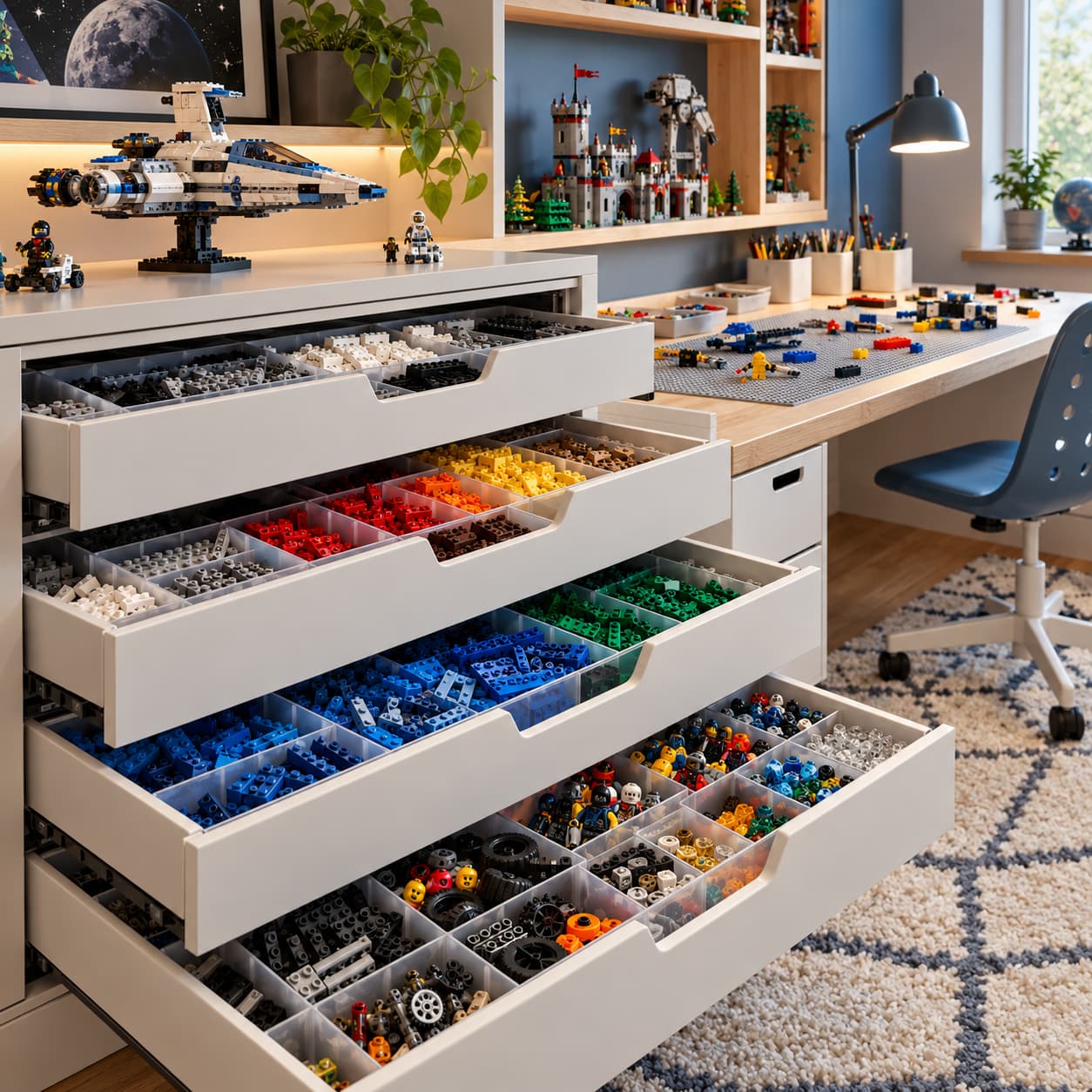 Funkcjonalny system przechowywania klocków LEGO w wysuwanych szufladach z przegródkami oraz miejsce do budowania modeli.