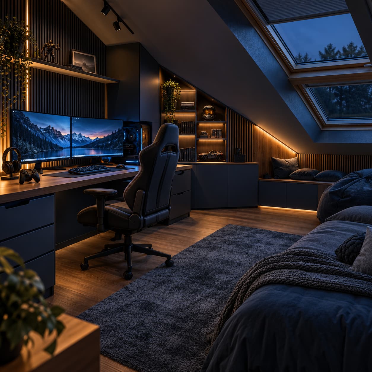 Pokój gamingowy dla chłopca na poddaszu z ergonomicznym biurkiem, monitorem i oświetleniem LED.