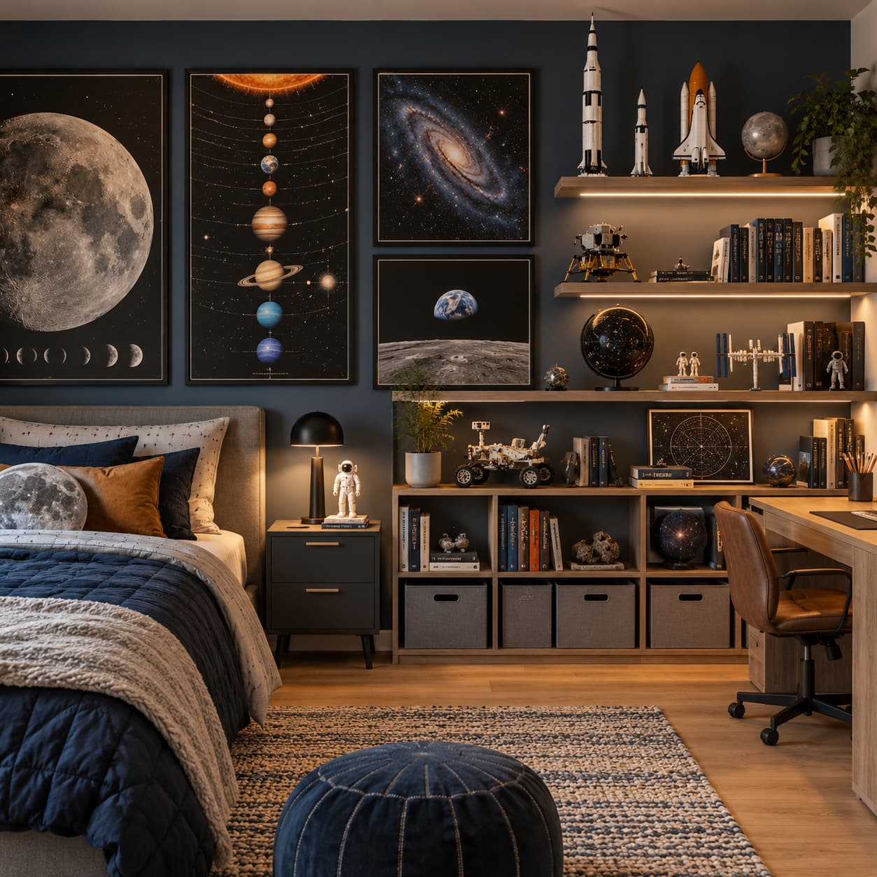 Ściana z plakatami astronomicznymi, modelami rakiet i półkami