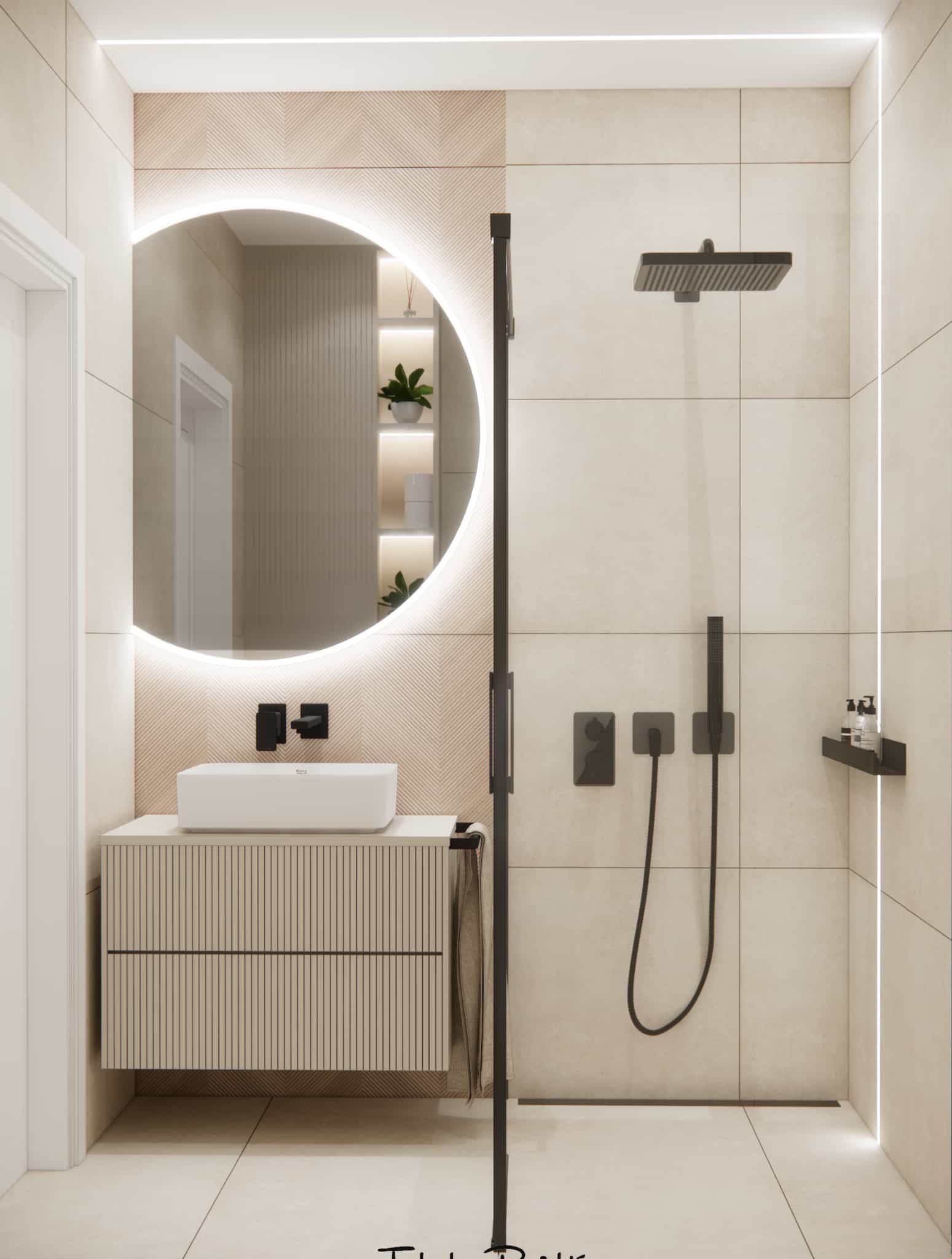 Washbasin area in a 3.2m2 small bathroom with large illuminated mirror, fluted vanity, black fittings and walk-in shower