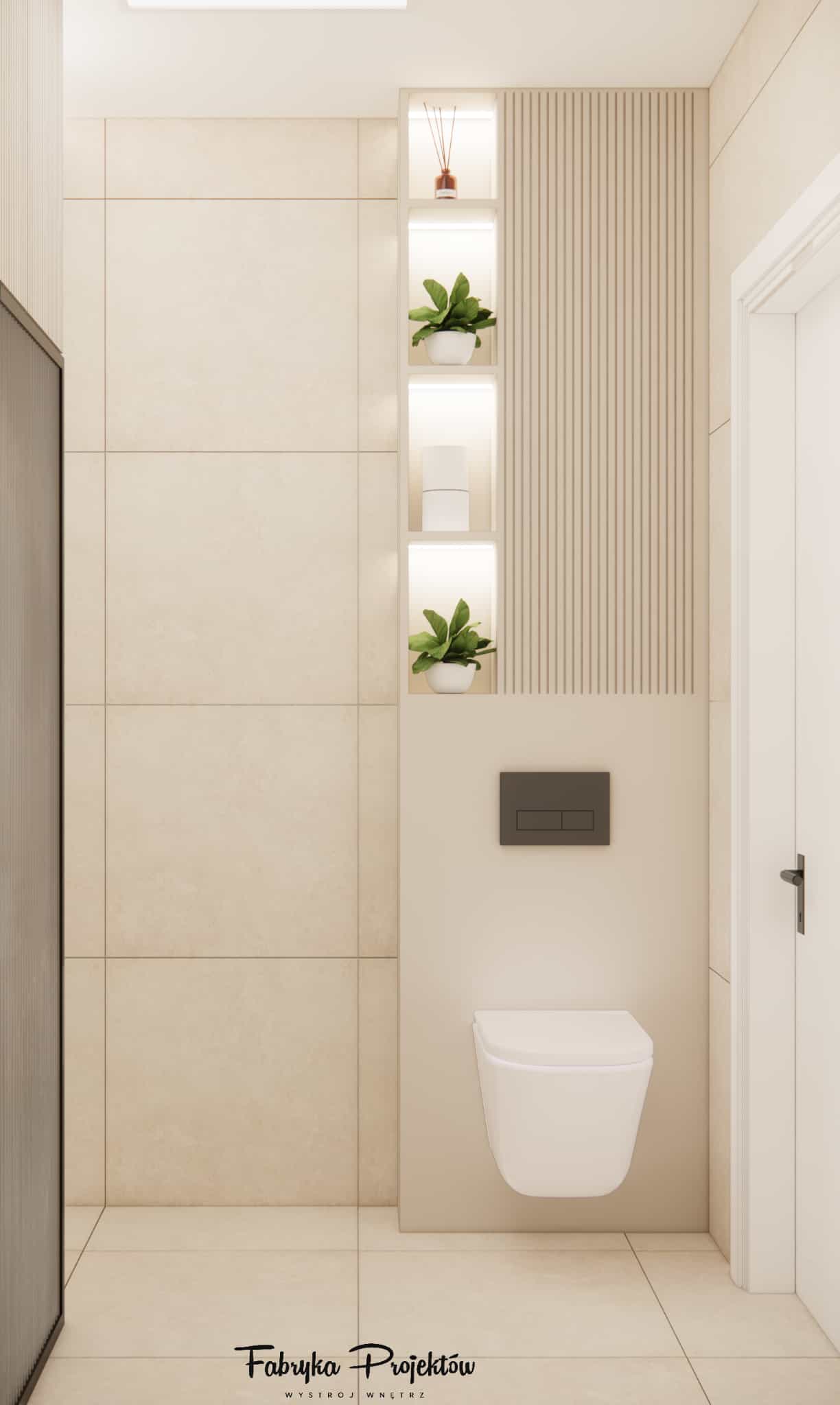 Concealed cistern housing in a 4m2 bathroom with light tiles, vertical ribbing, and three LED-lit niches used for decor, creating an elegant modern feature.
