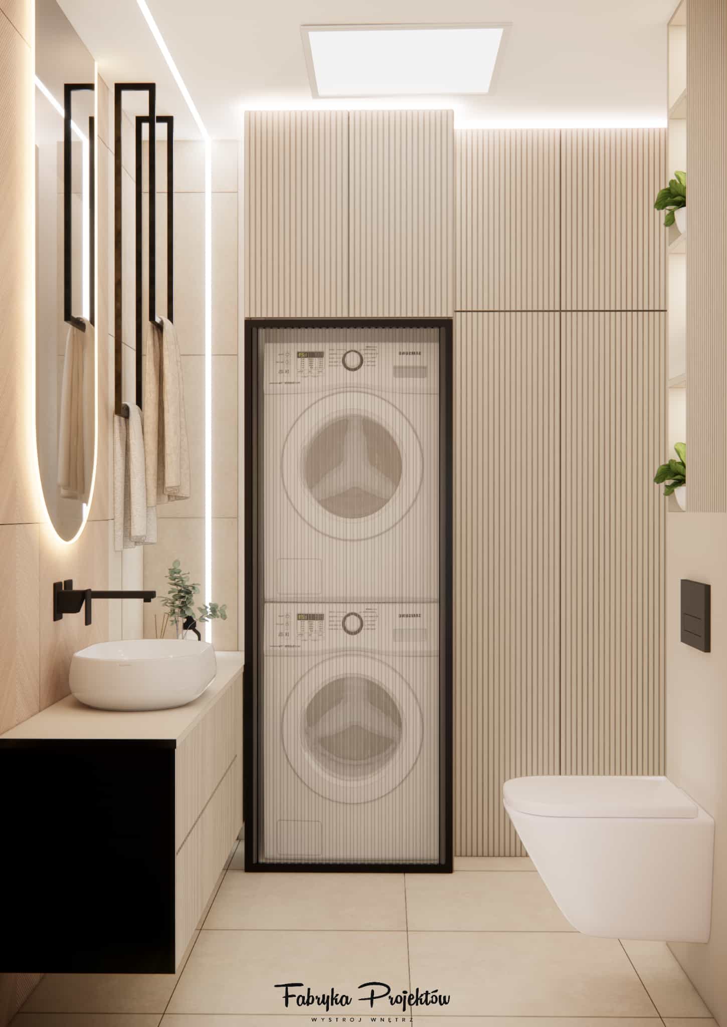 Washing machine and dryer stacked vertically in a ribbed-front built-in unit in a 4m2 bathroom, next to the washbasin and wall-hung toilet, designed in a bright modern style with LED lighting.