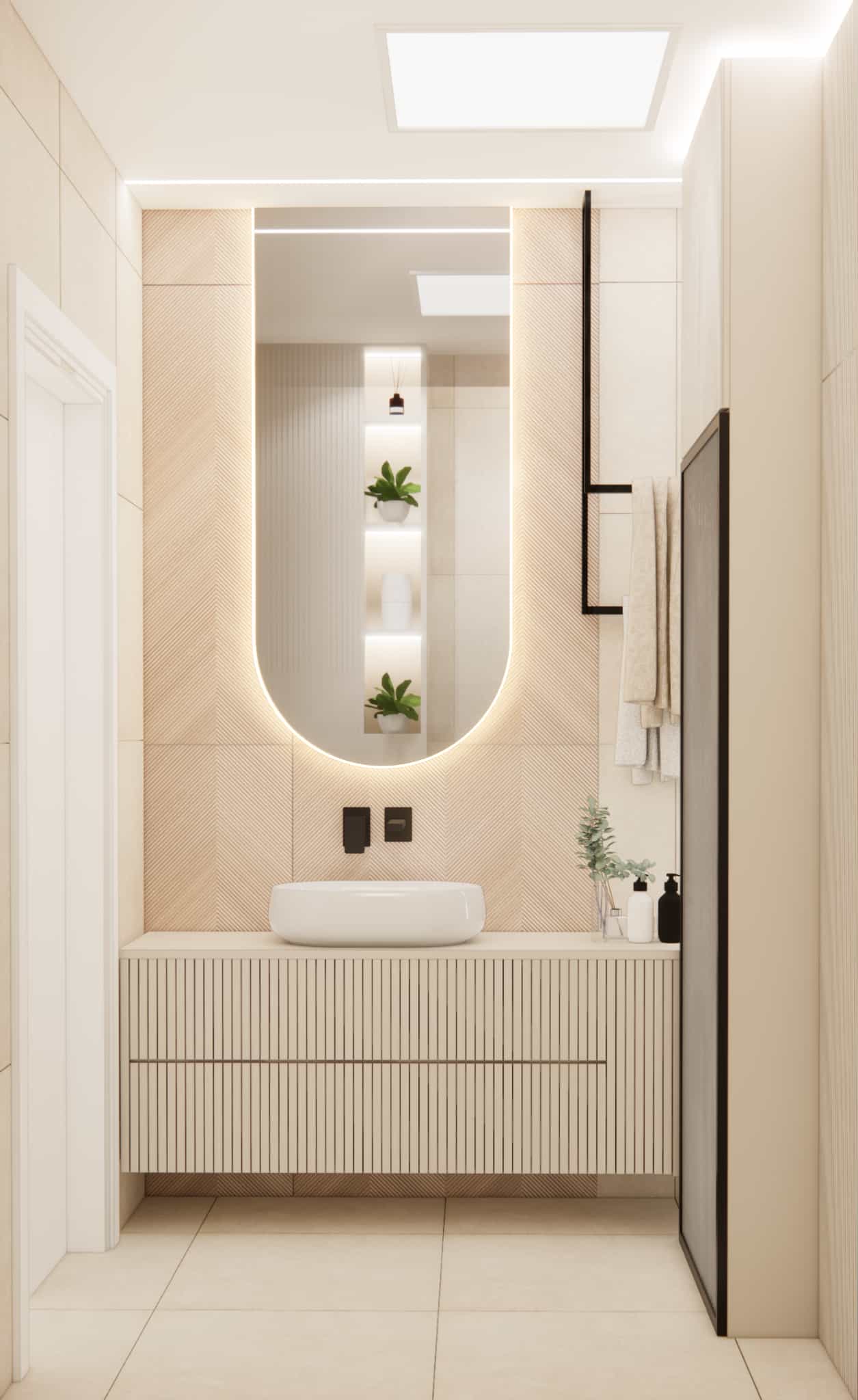 Modern washbasin area in a 4m2 bathroom with an inverted half-oval LED backlit mirror, ribbed vanity unit and light beige wall tiles.