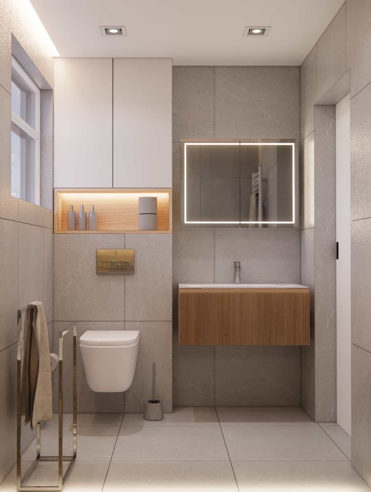 Modern 4m2 bathroom design in grey and wood tones.
