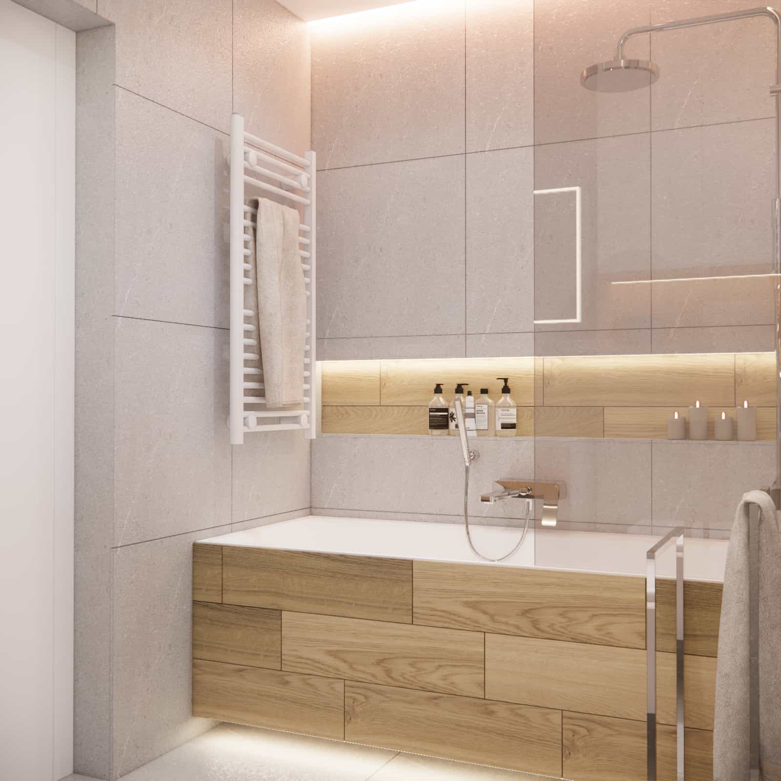 LED-lit niche above the bathtub with grey tiles and wooden accents in a modern 4m2 bathroom.