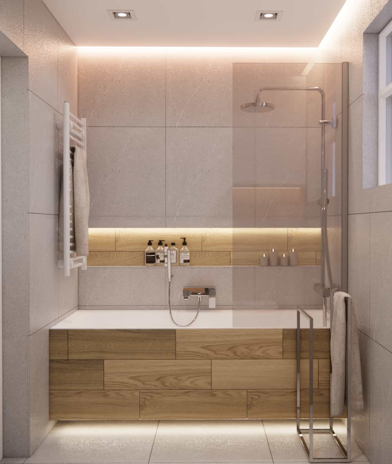 Modern bathtub enclosure with wood-effect tiles, LED lighting, and shower in a 4m2 bathroom design.