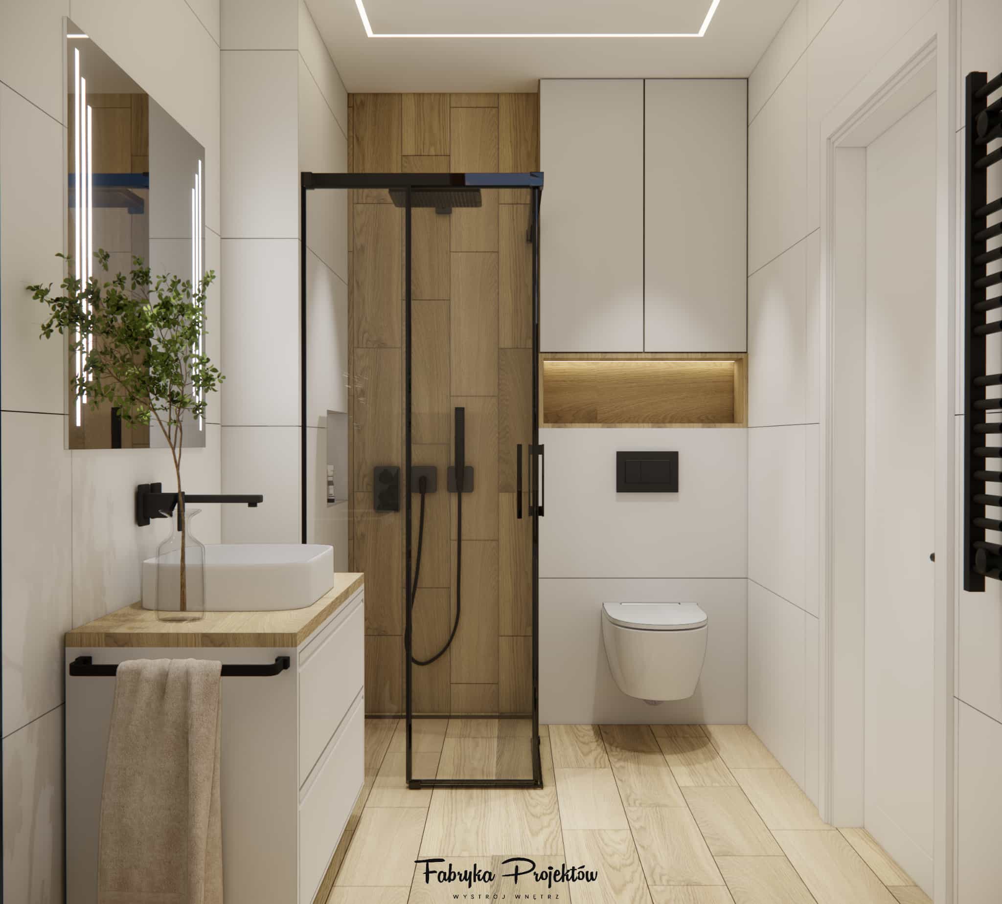 Modern 6m2 bathroom with walk-in shower, light tiles and black fittings in a wood-accented design.