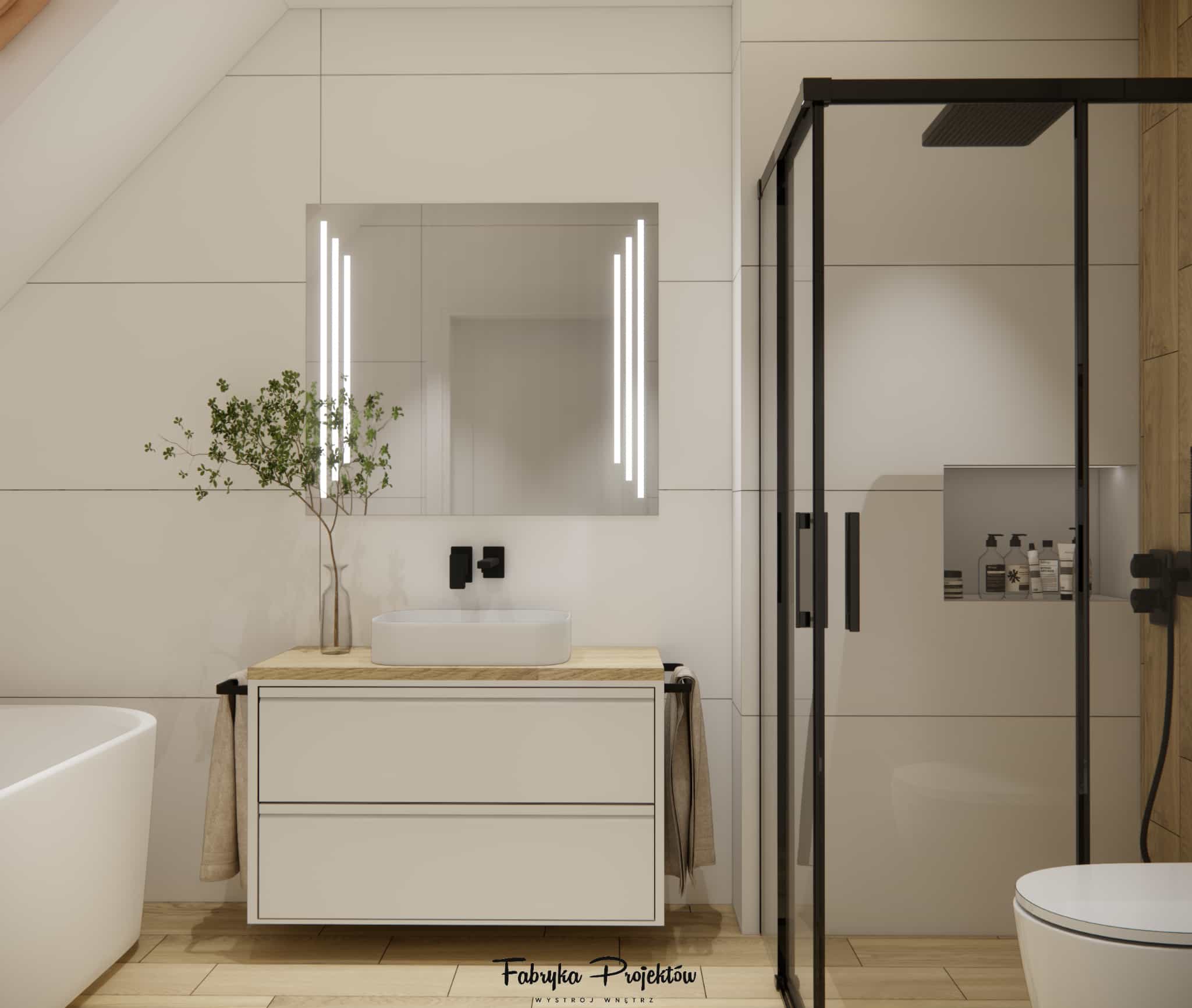 6m2 bathroom with back-to-wall bathtub, walk-in shower and bright cabinetry.