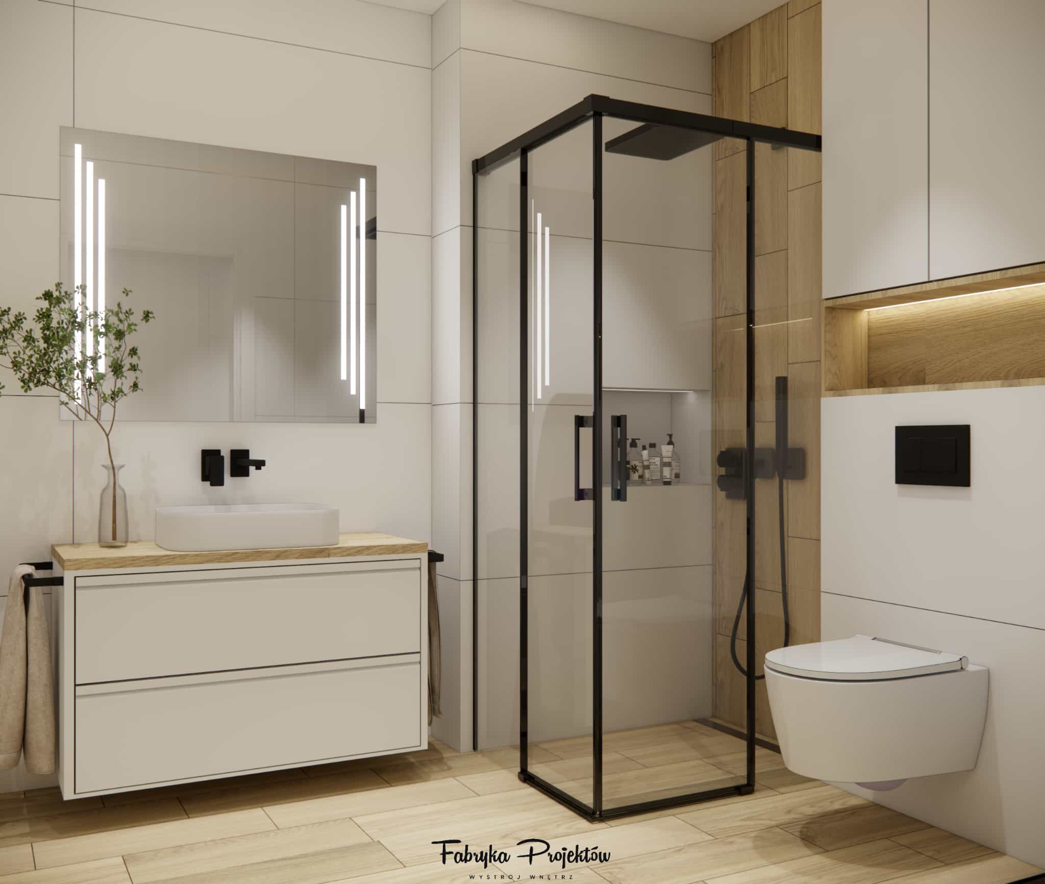 White vanity with LED-lit mirror and black-framed walk-in shower in a modern 6m2 bathroom.