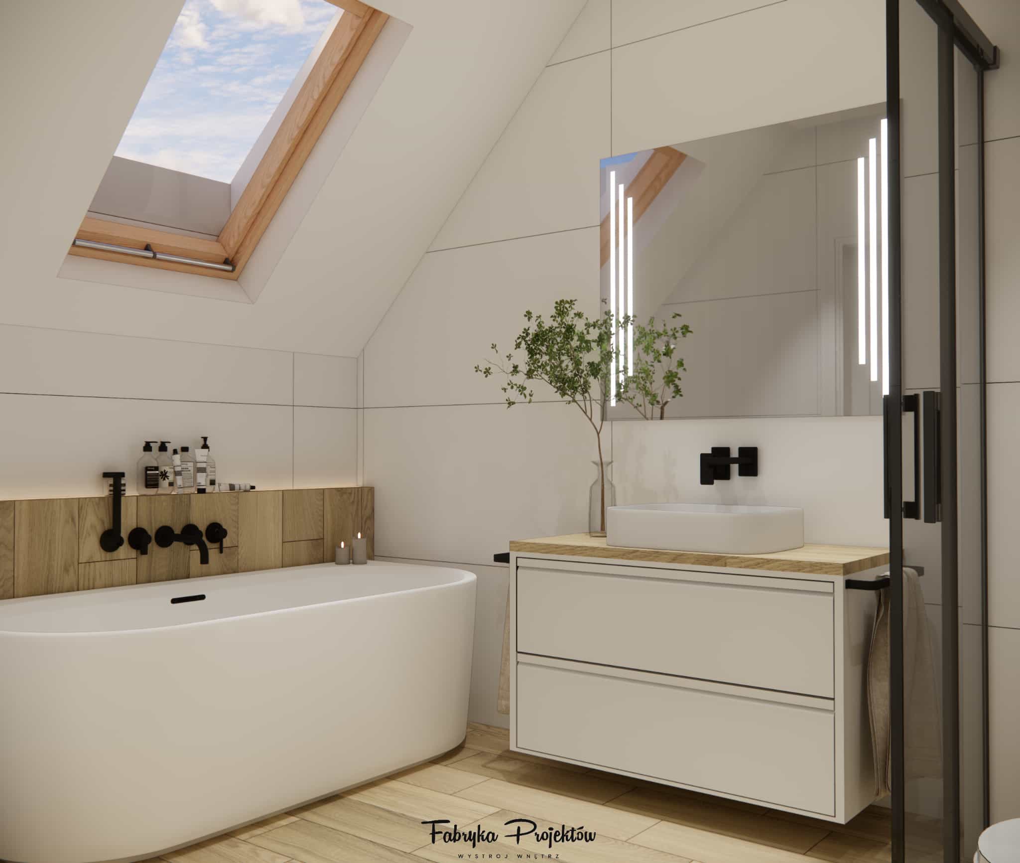 Back-to-wall freestanding bathtub under a roof window with a wooden LED shelf in a 6m2 bathroom.