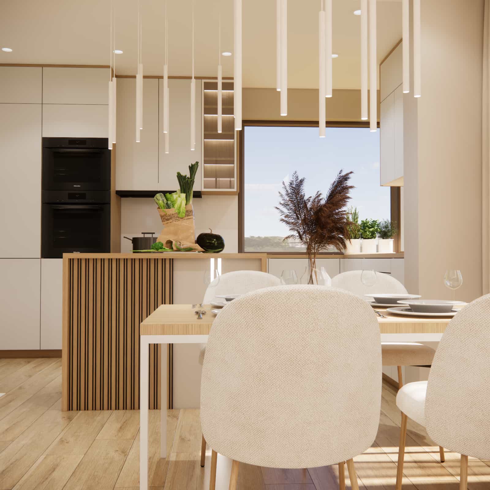 Detal jadalni i kuchni w naturalnych beżach i drewnie – projekt nowoczesnego salonu z kuchnią 31m2.