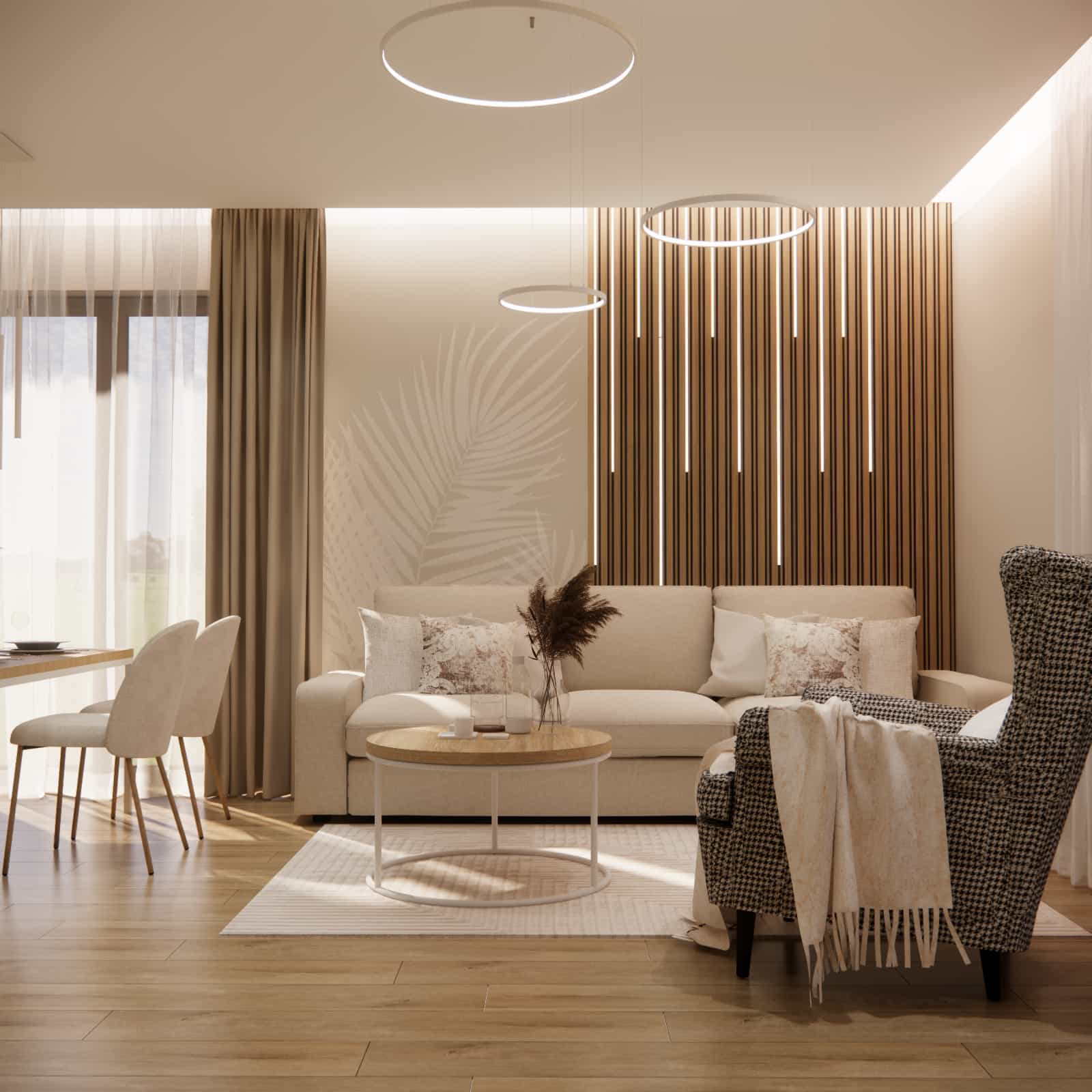 Aranżacja salonu z lamelami LED i okrągłymi lampami w projekcie jasnego wnętrza 31m2.